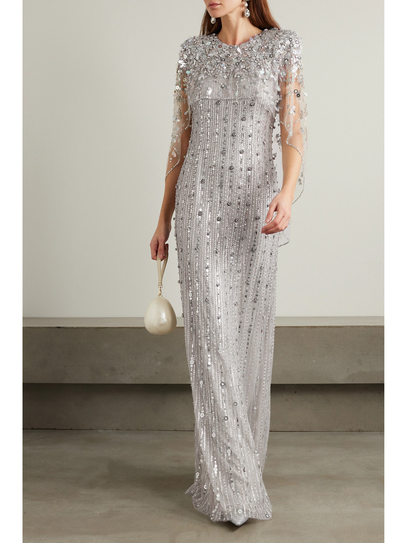 JENNY PACKHAM Nettie Cape-effect Embellished Sequined Tulle Gown outlook