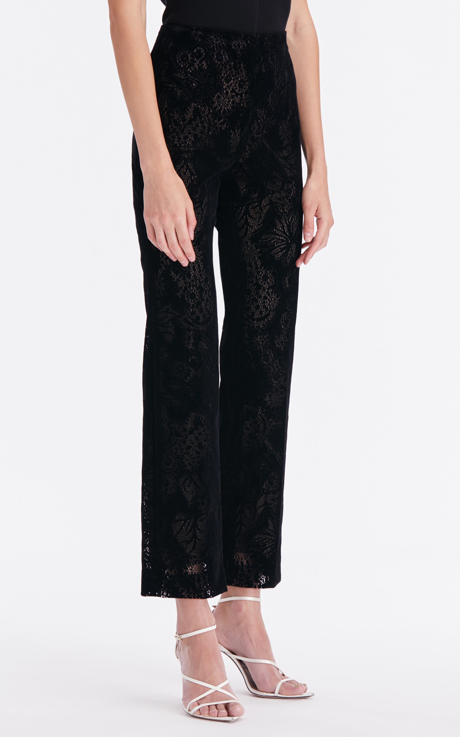 Flocked Floral Lace Straight-Leg Pants black - 6