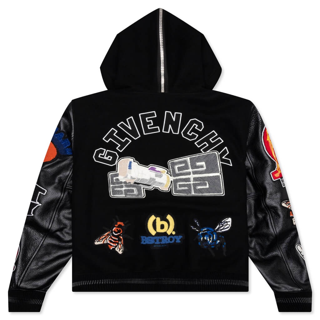 WOOL AND LEATHER HOODED VARSITY JACKET - BLACK - 2