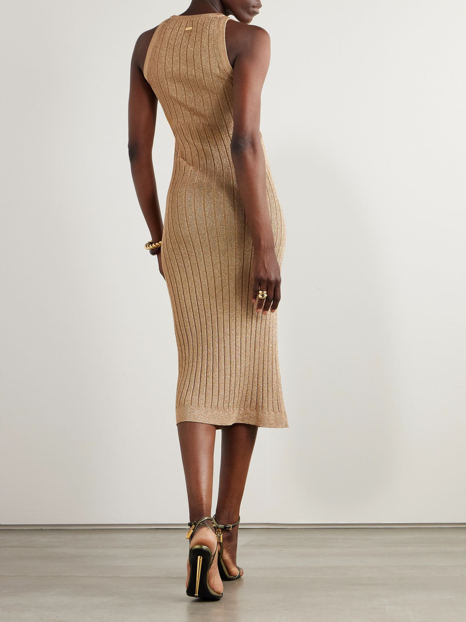 Metallic ribbed-knit midi dress Beige - 3