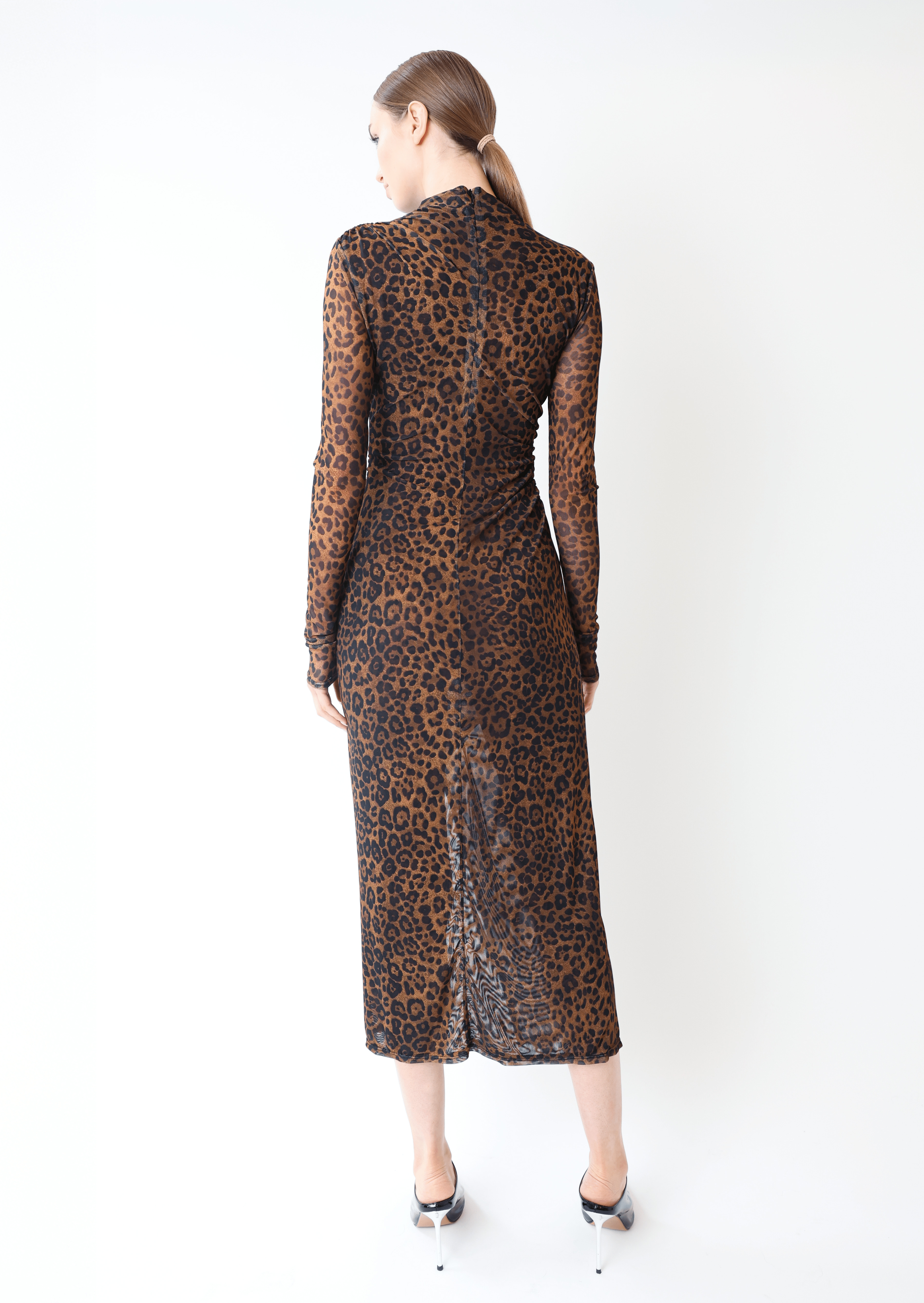 Printed Mesh Mesh Draped Midi Dress - 3