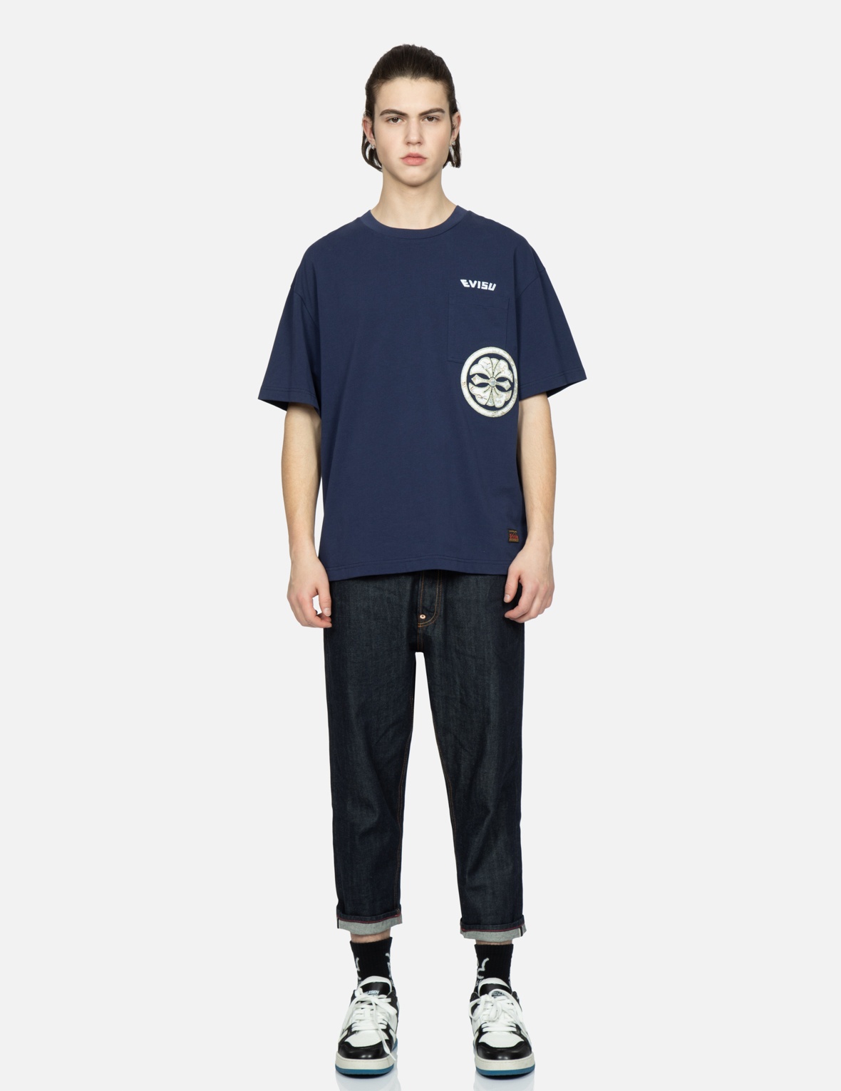 KAMON AND EAGLE-PATTERN BRUSHSTROKE DAICOCK PRINT CROPPED-FIT JEANS #2027 - 6