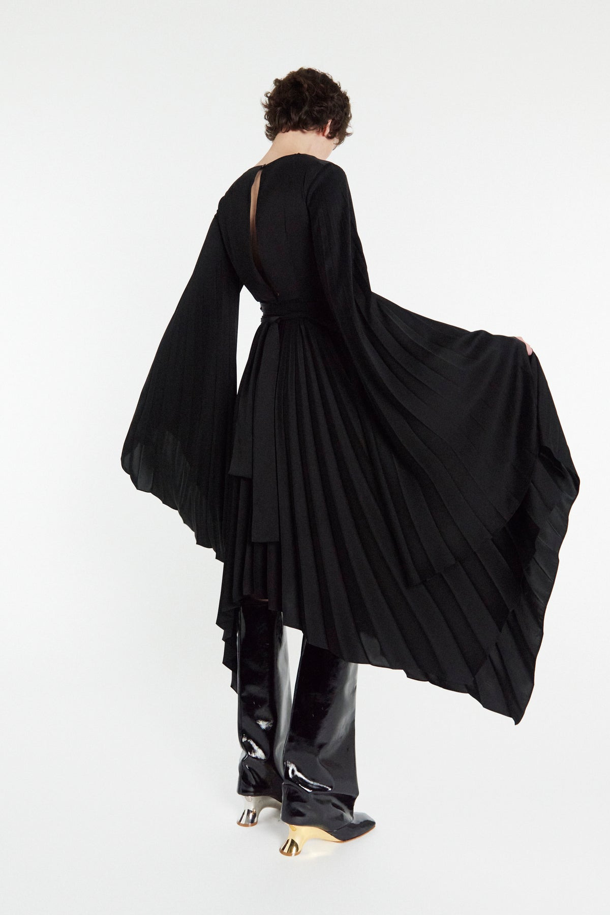 WRAP AROUND MIDI DRESS WITH PLEATED SKIRT & SLEEVES BLACK - 12
