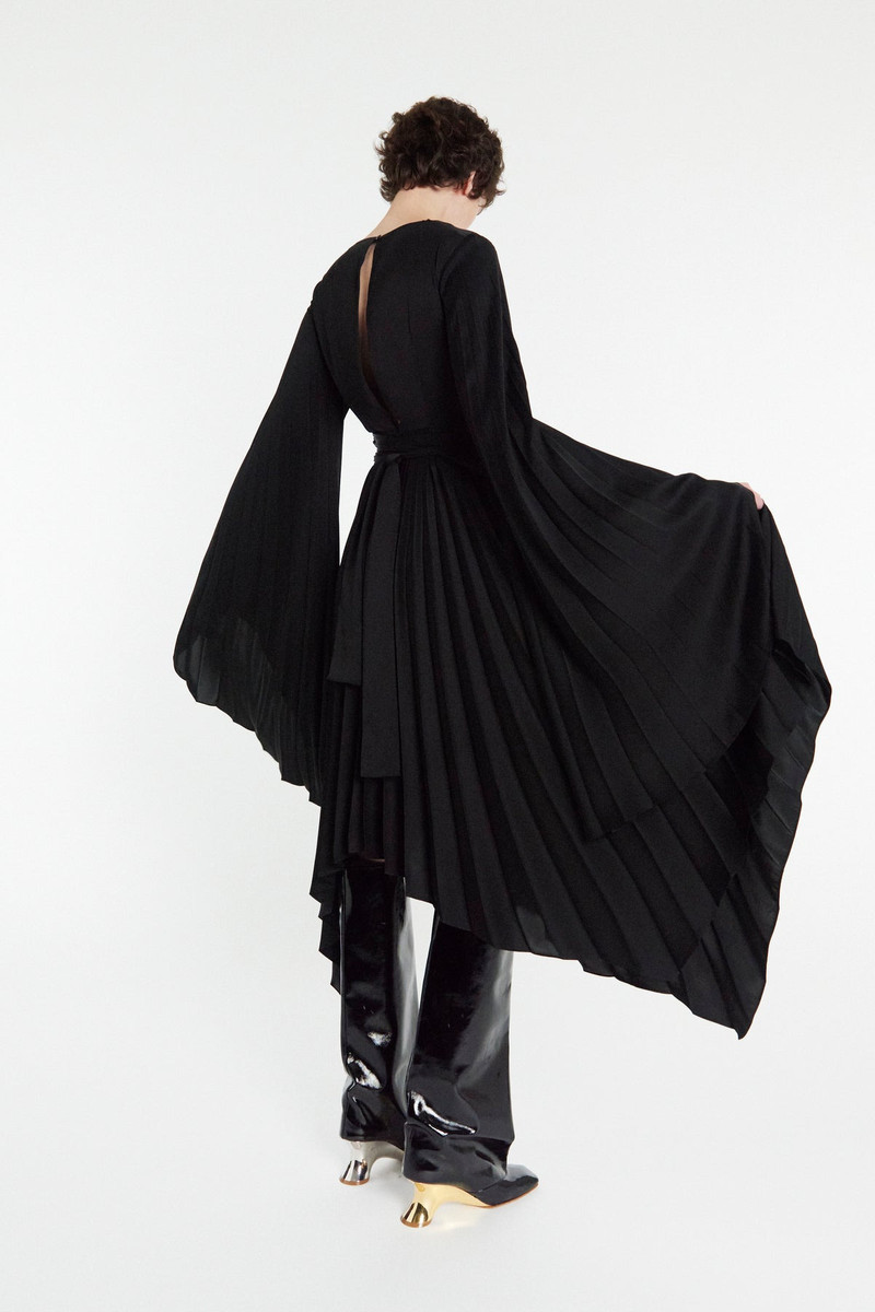WRAP AROUND MIDI DRESS WITH PLEATED SKIRT & SLEEVES BLACK 12