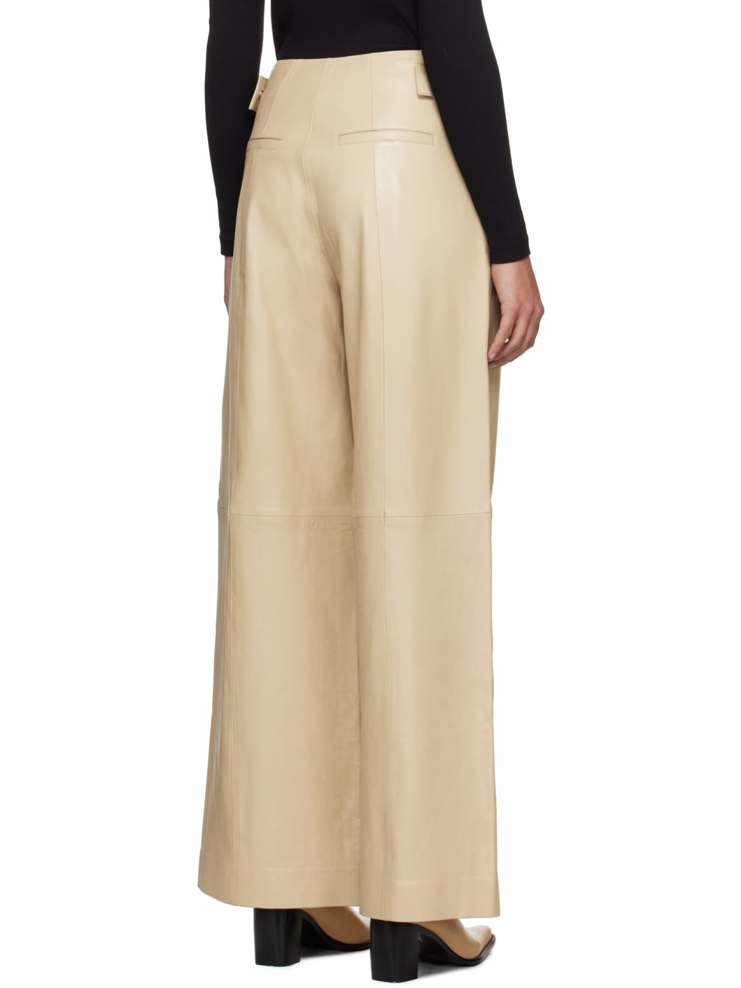 Beige Eyelet Leather Pants - 3