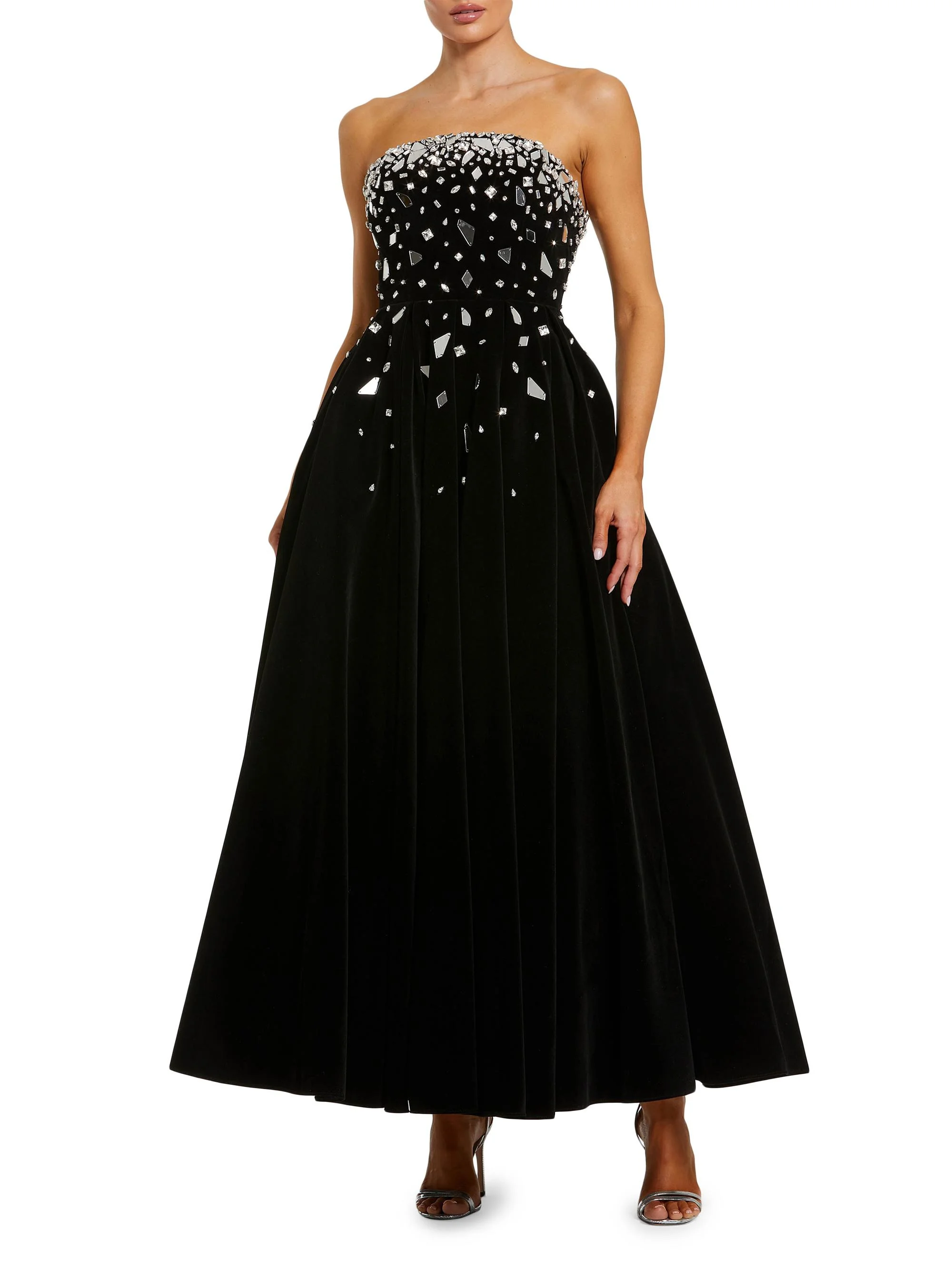 Women's Glass-Embellished Velvet Tea-Length Dress - Black - 1
