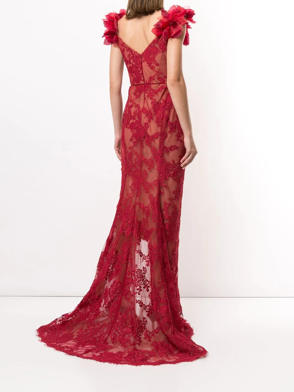 floral appliqué trim lace gown  - 4