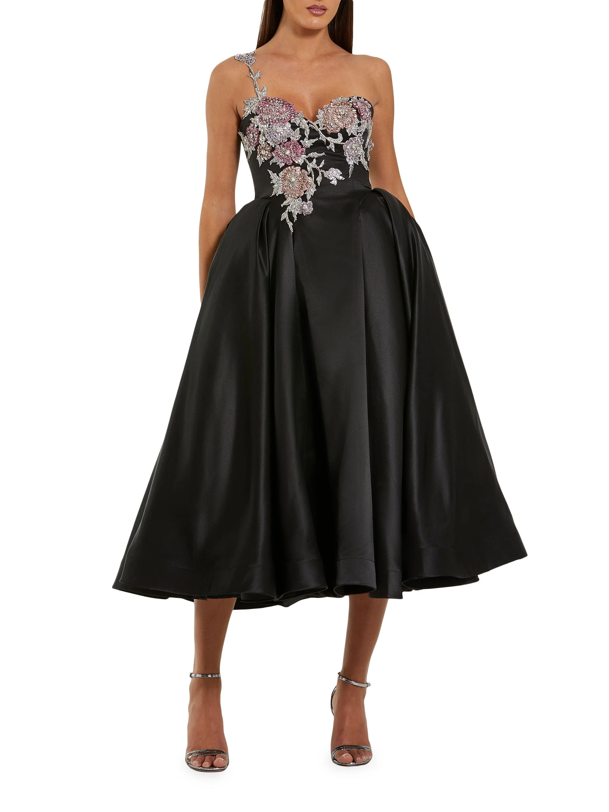 Women's Cocktail Satin Fit & Flare Midi-Dress - Black Multi - 1