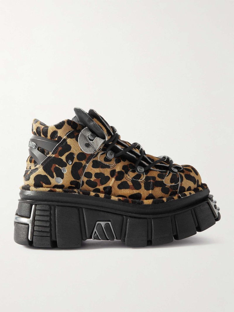 + New Rock Embellished Leopard-Print Pony Hair Platform Sneakers 1