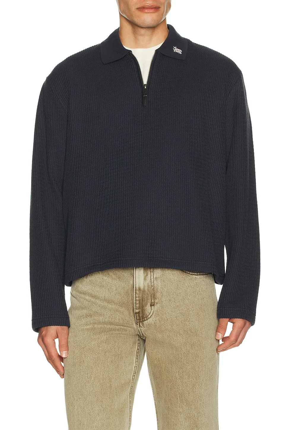 Wavy Knit Long Sleeve Polo - 1