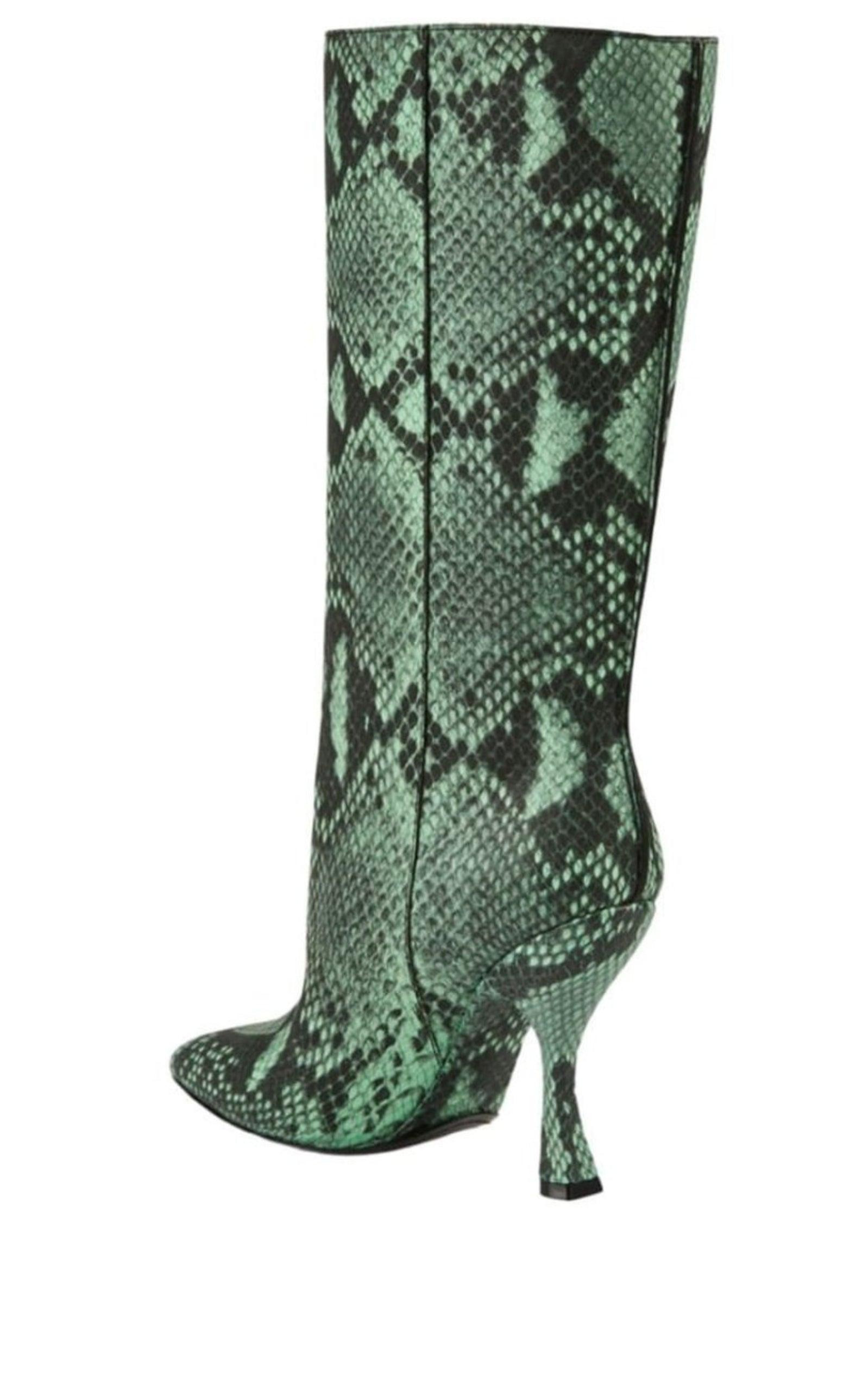 Green 100 Snake Print Leather Boots - 5