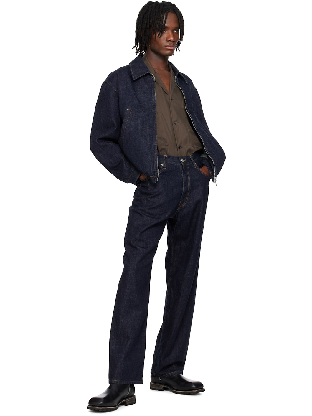 Navy Wide Straight 5P Jeans - 4
