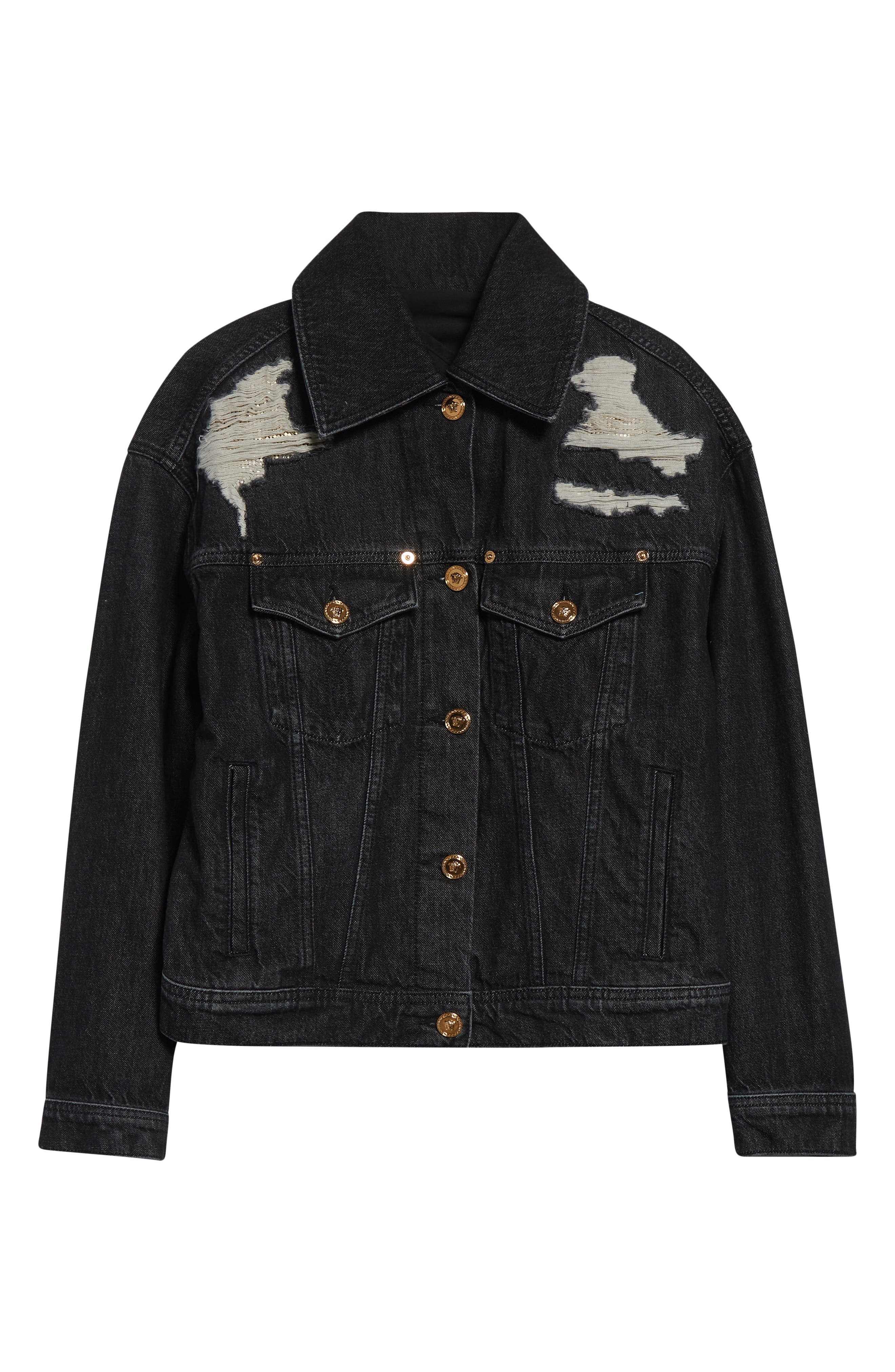 Versace Rip & Repair Denim Trucker Jacket in Black at Nordstrom - 7