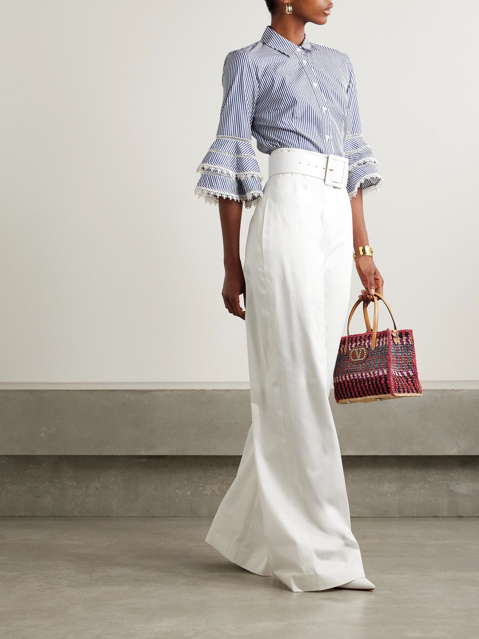 Ruffled guipure lace-trimmed striped cotton-poplin shirt Blue - 2