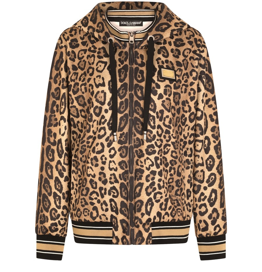 Zip-up jersey hoodie with leopard print - 1