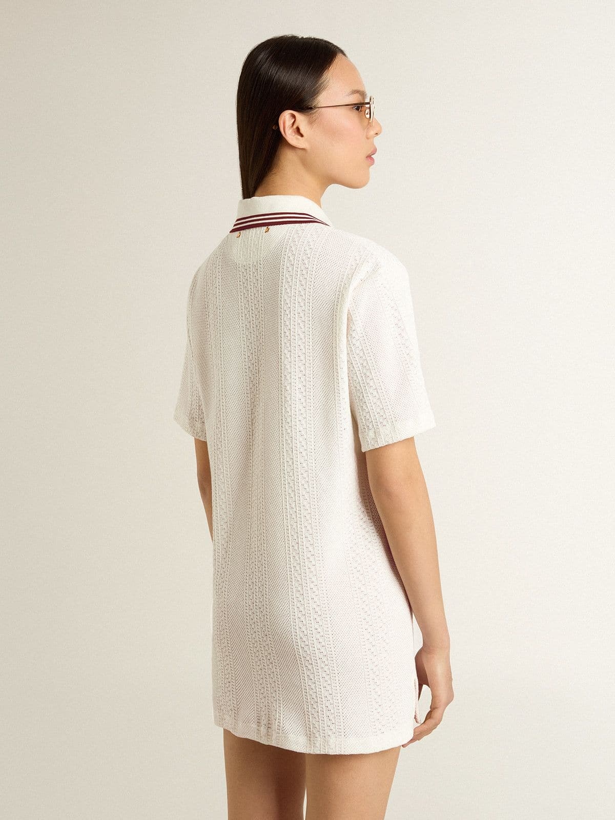 Women's Oasis polo dress in white perforated jersey with burgundy stripes - 4