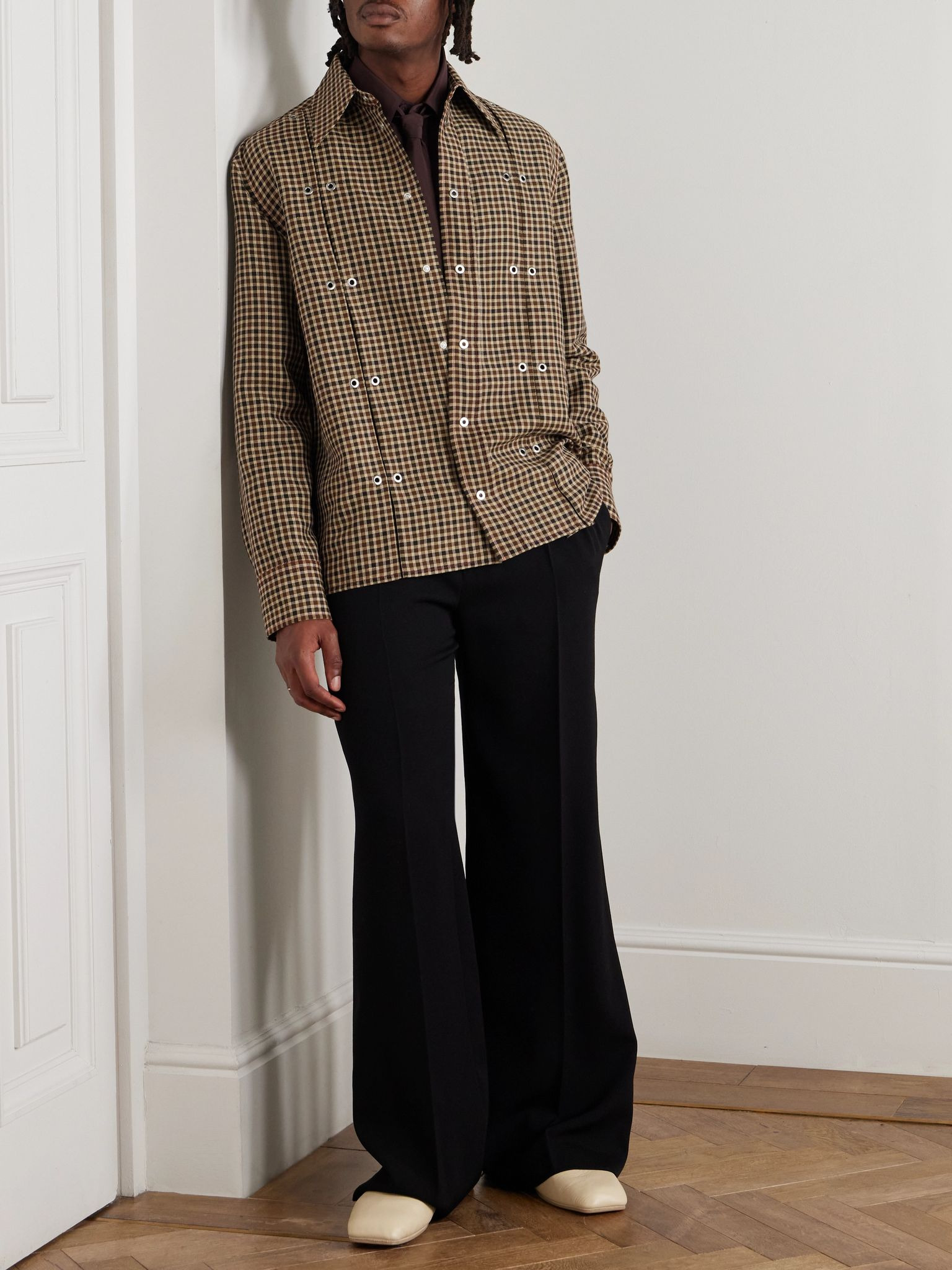Embellished Checked Wool and Linen-Blend Shirt Brown - 2