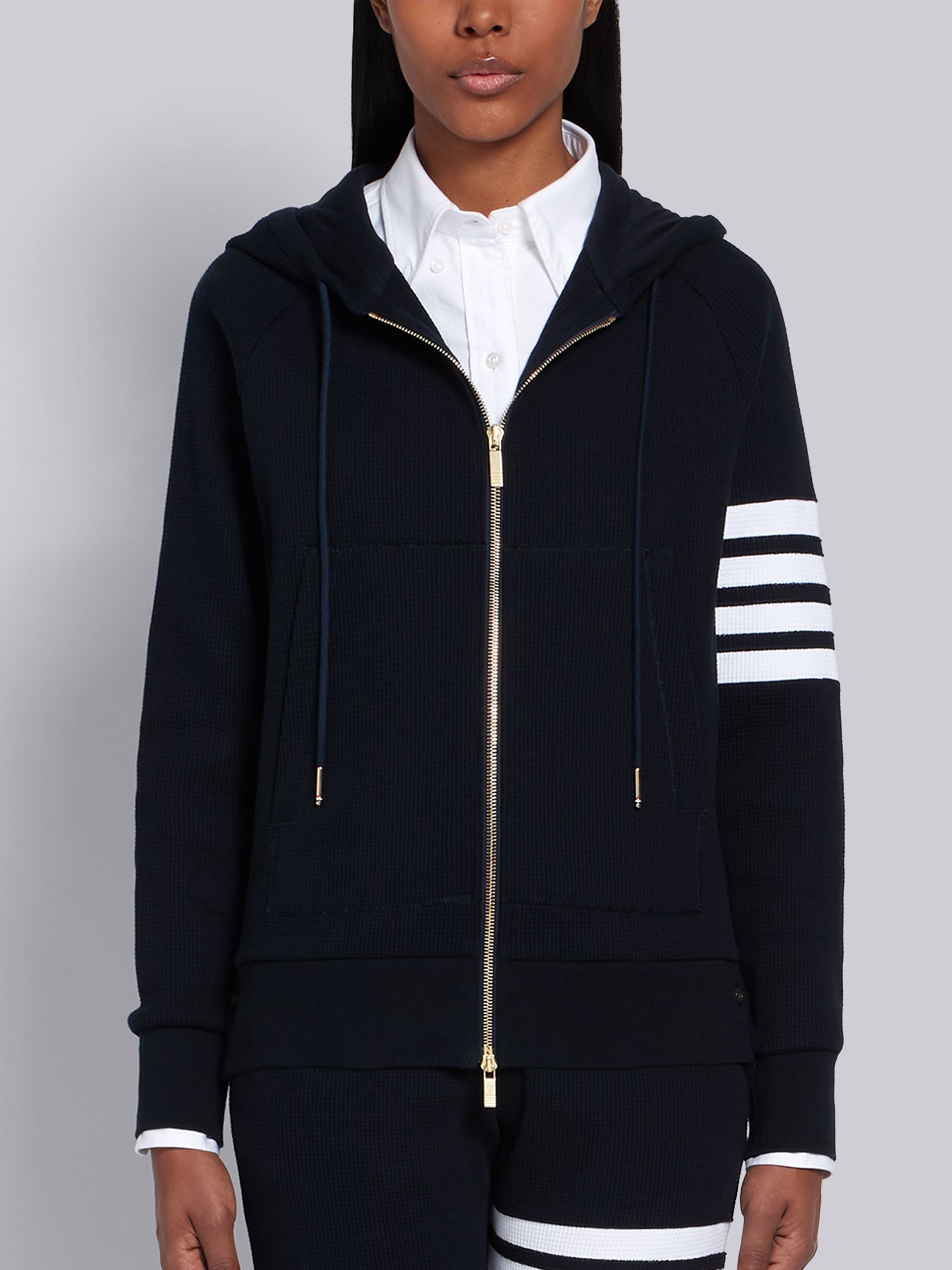 Navy Waffle Zip-Up 4-Bar Hoodie - 1