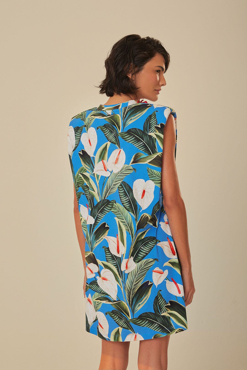Blue Anthurium Garden Organic Cotton Mini T-Shirt Dress 4