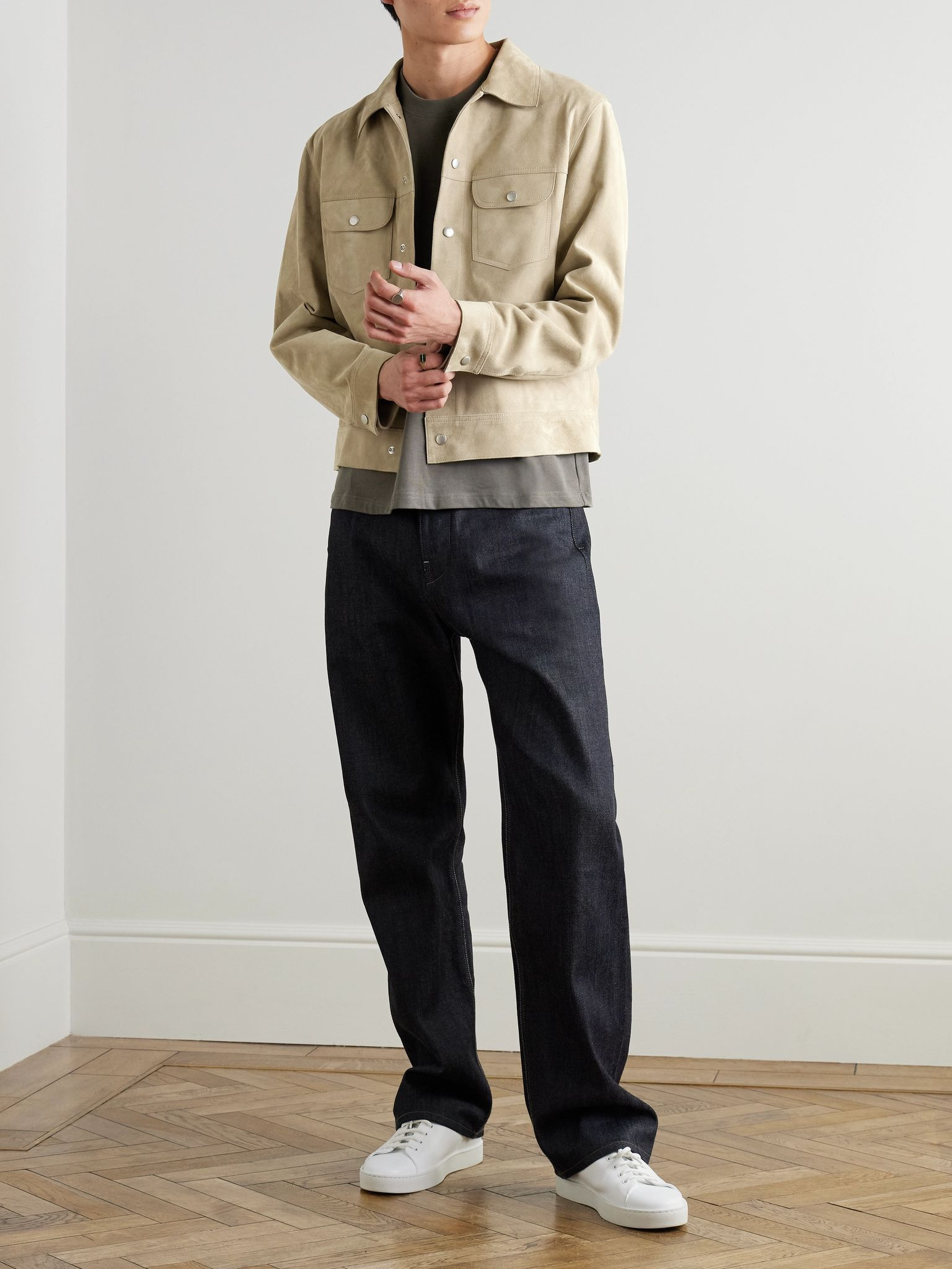Slim-Fit Suede Trucker Jacket Beige - 2