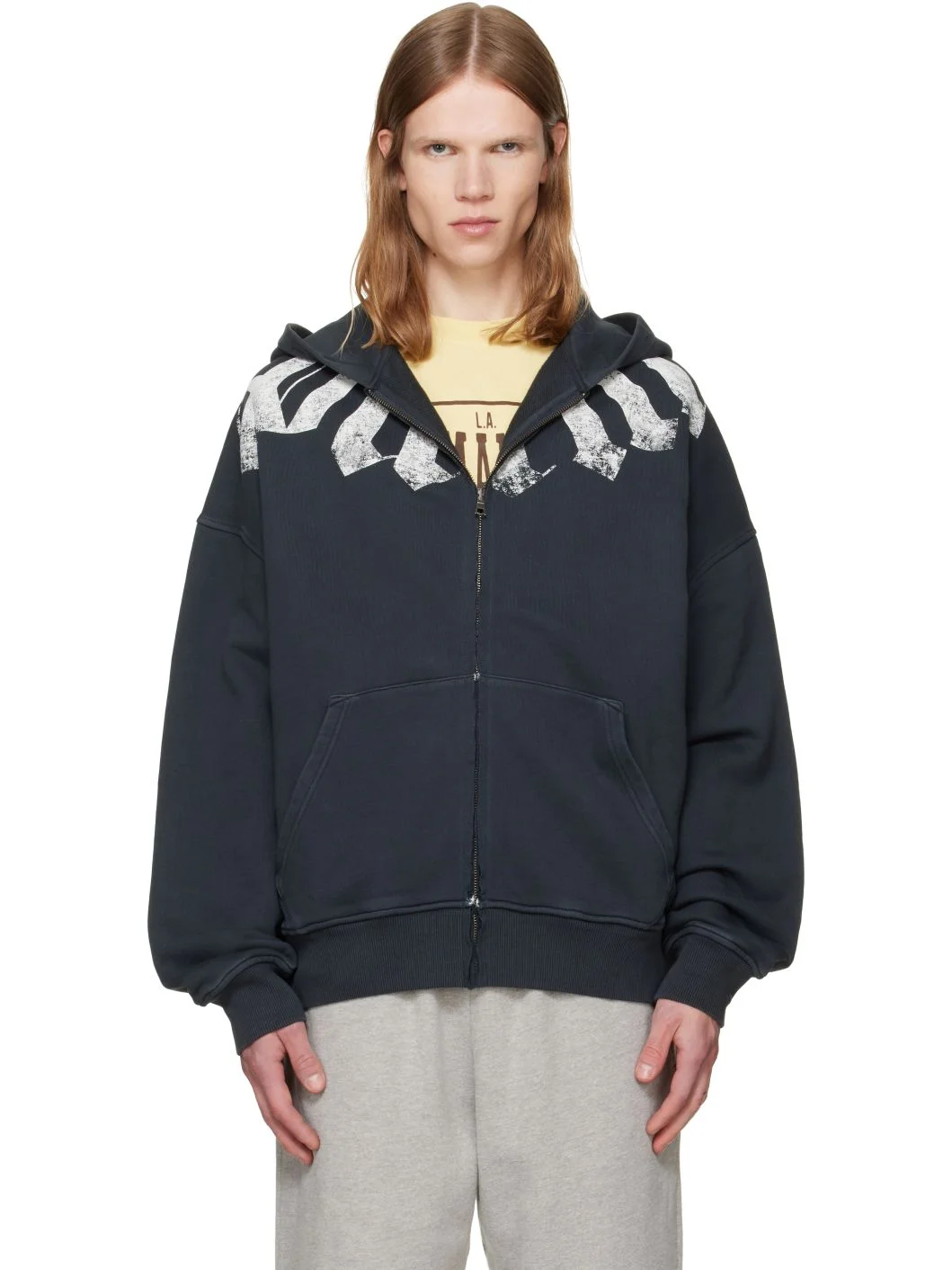 Black Big Neck Logo Zip Loose Hoodie - 1
