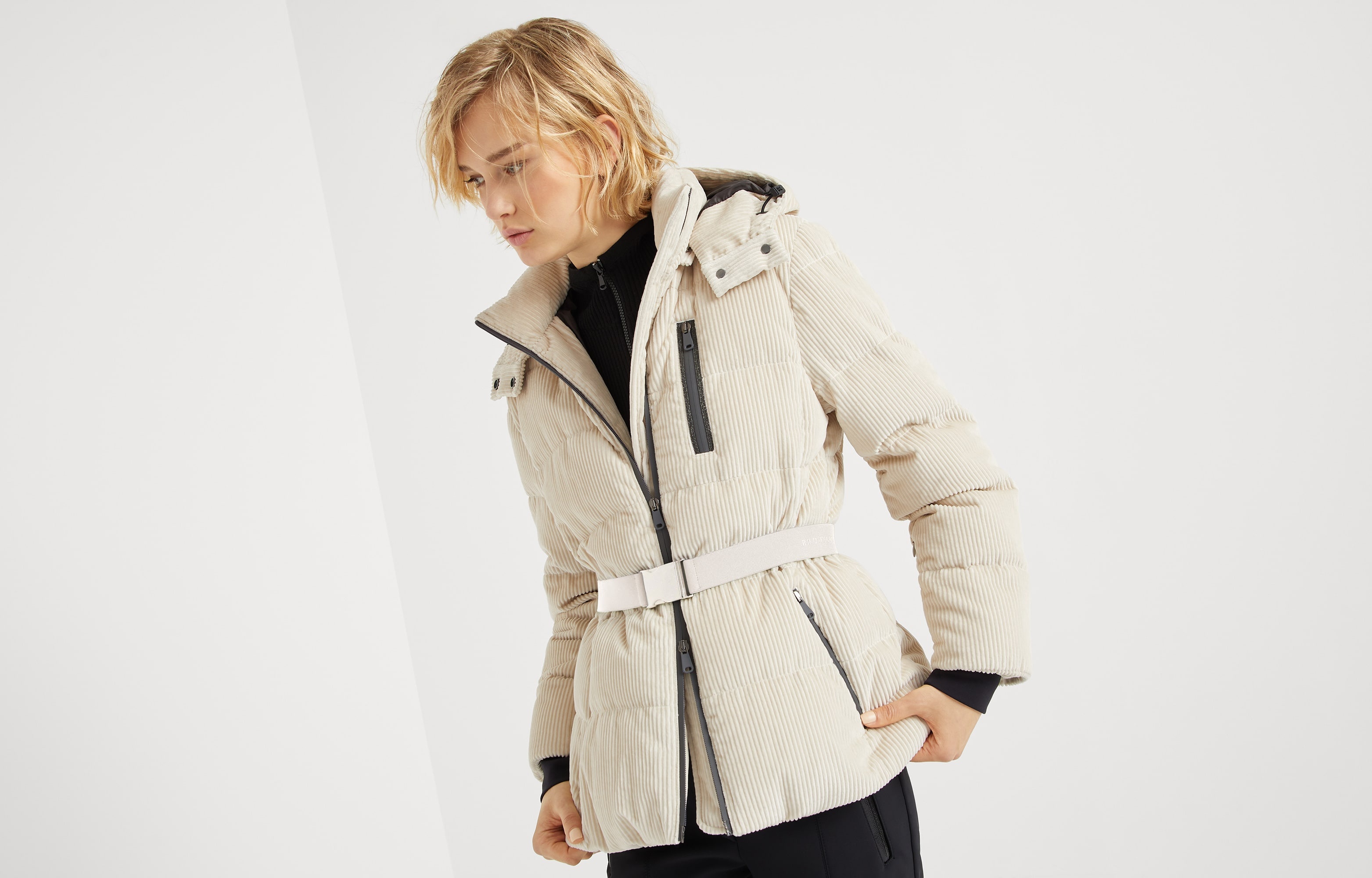 Bonded cotton corduroy mountain down jacket with detachable hood and precious zip detail - 6