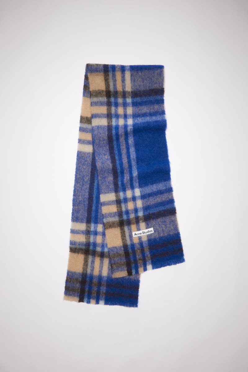 Checked logo wool scarf - Electric blue/beige 1