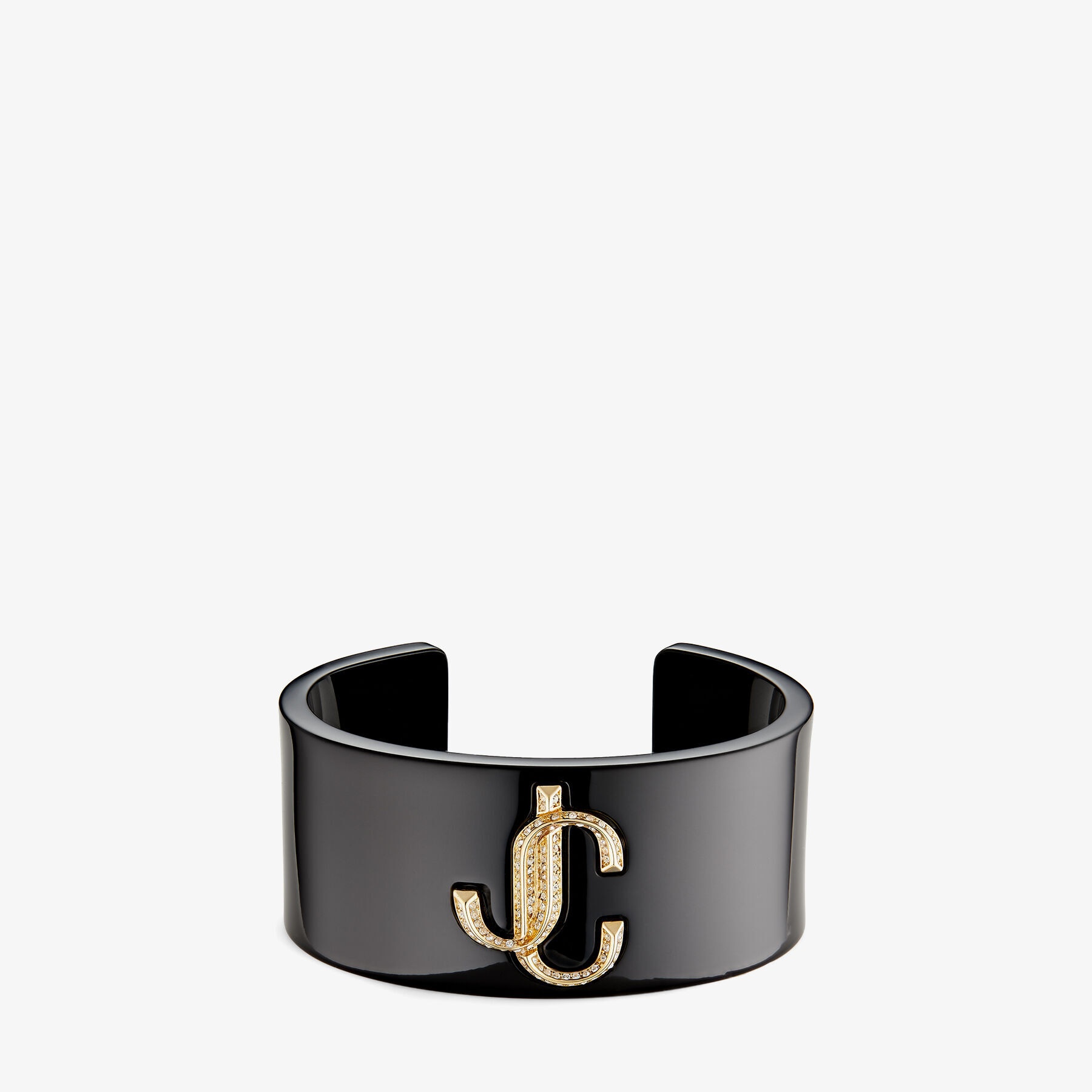 JC Cuff
Black Acrylic Cuff Bracelet with Gold-Finish Metal and Crystal JC Emblem - 1