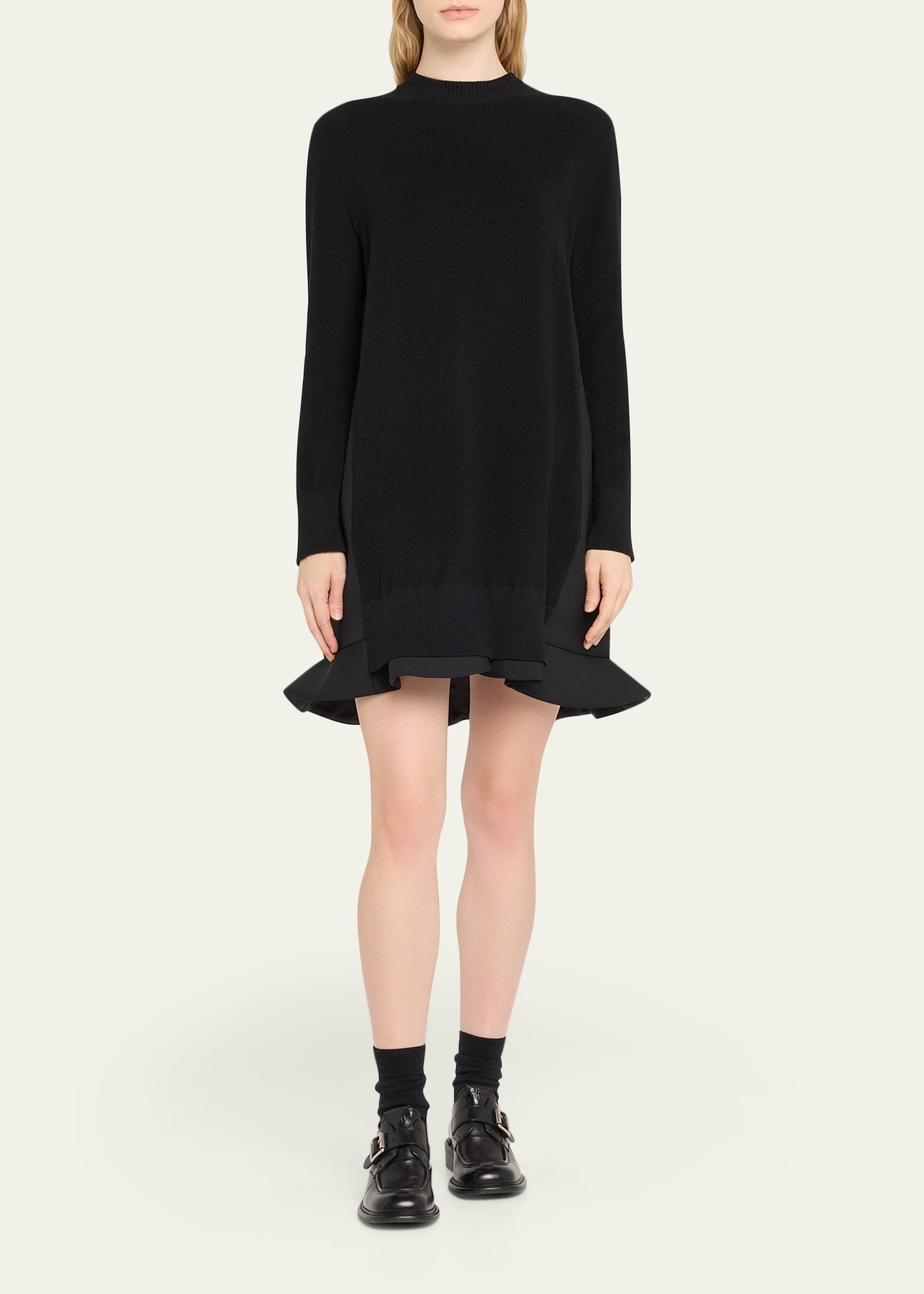 Mixed-Media Ruffle Mini Sweater Dress - 2