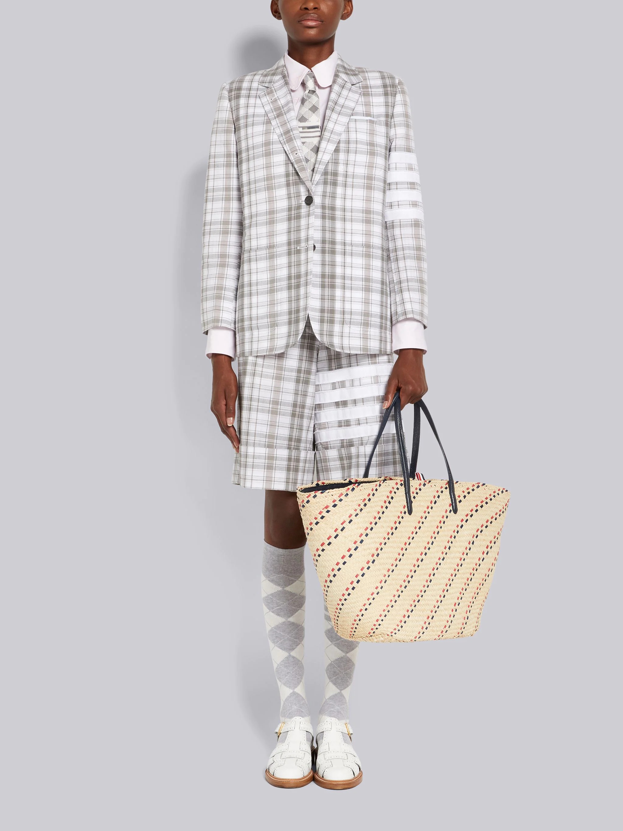 Medium Grey Stripe Plaid Oxford 4-Bar Sack Short - 4