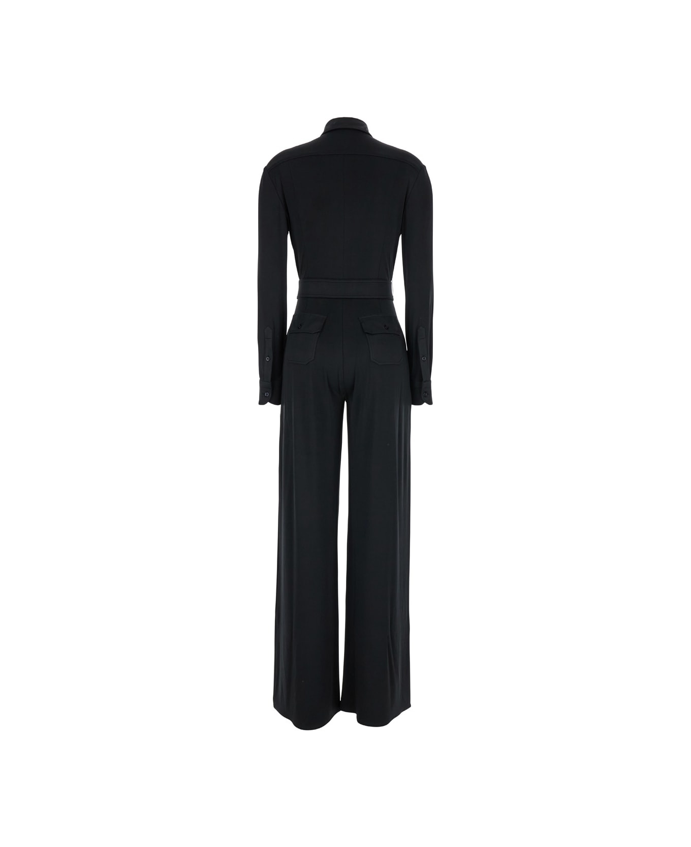 Black Jumpsuit With Buttons And Adjustable Belt In Stretch Satin Woman - 2