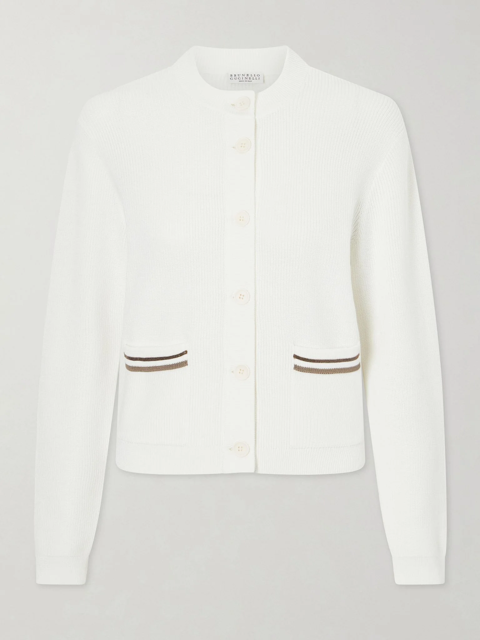 Bead-embellished ribbed cotton cardigan White - 1
