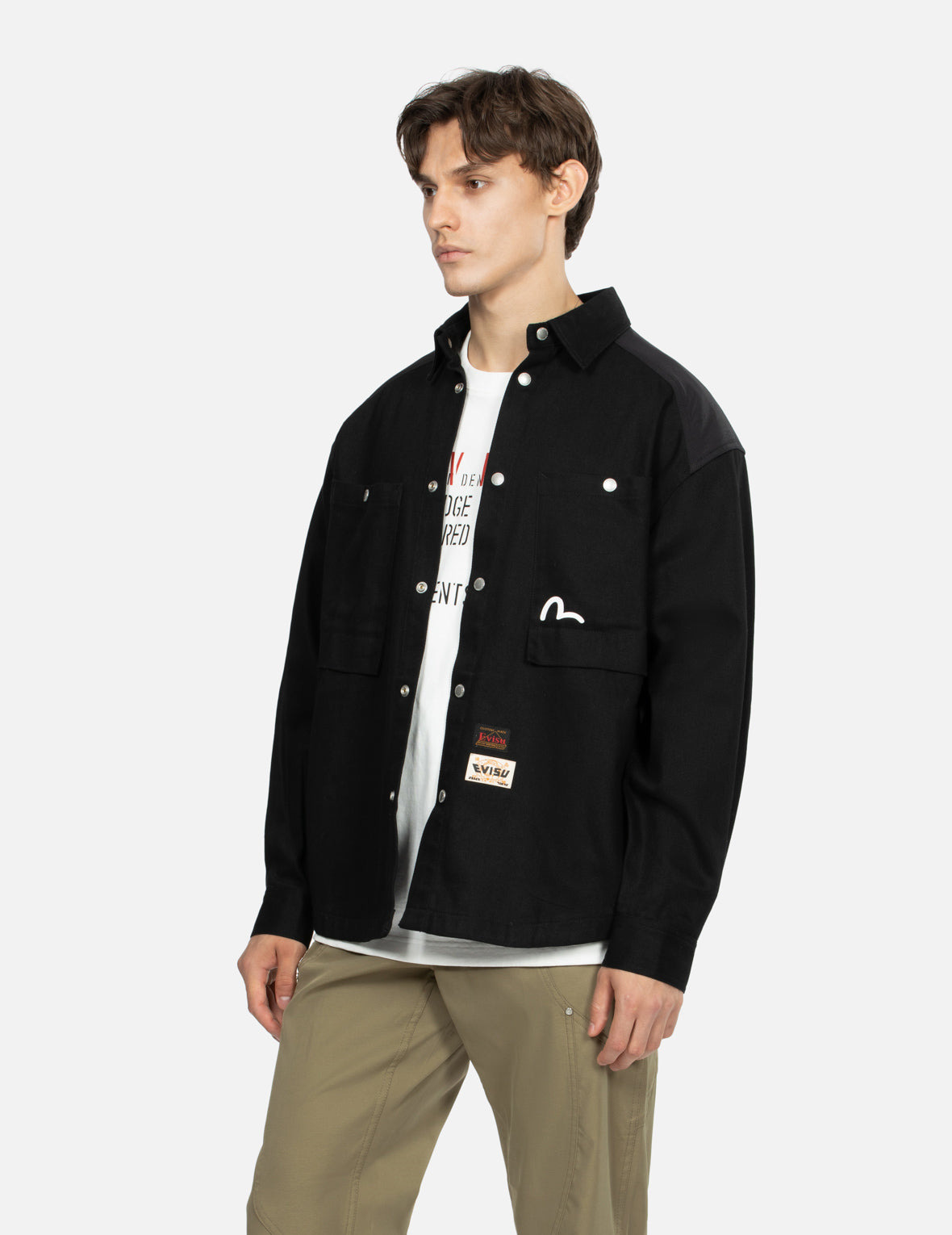 SEAGULL AND SLOGAN PRINT LOOSE FIT WORK SHIRT JACKET - 7