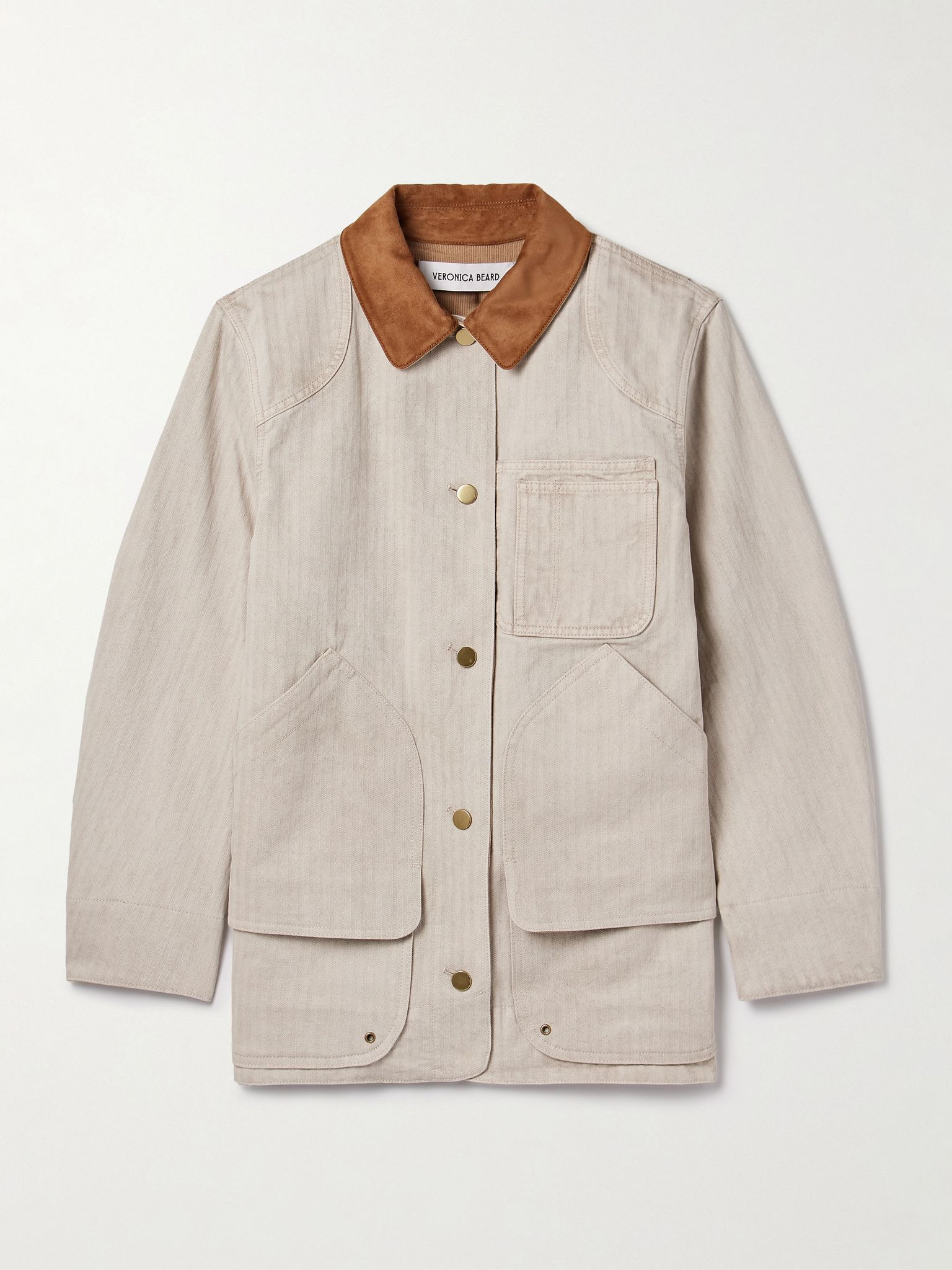 Abbas suede-trimmed herringbone cotton jacket Ecru - 1