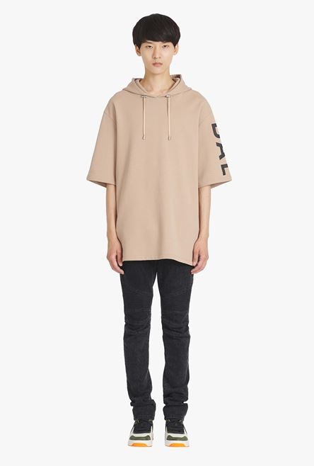 Oversized sand-colored eco-designed cotton hooded sweatshirt with black Balmain logo print - 4