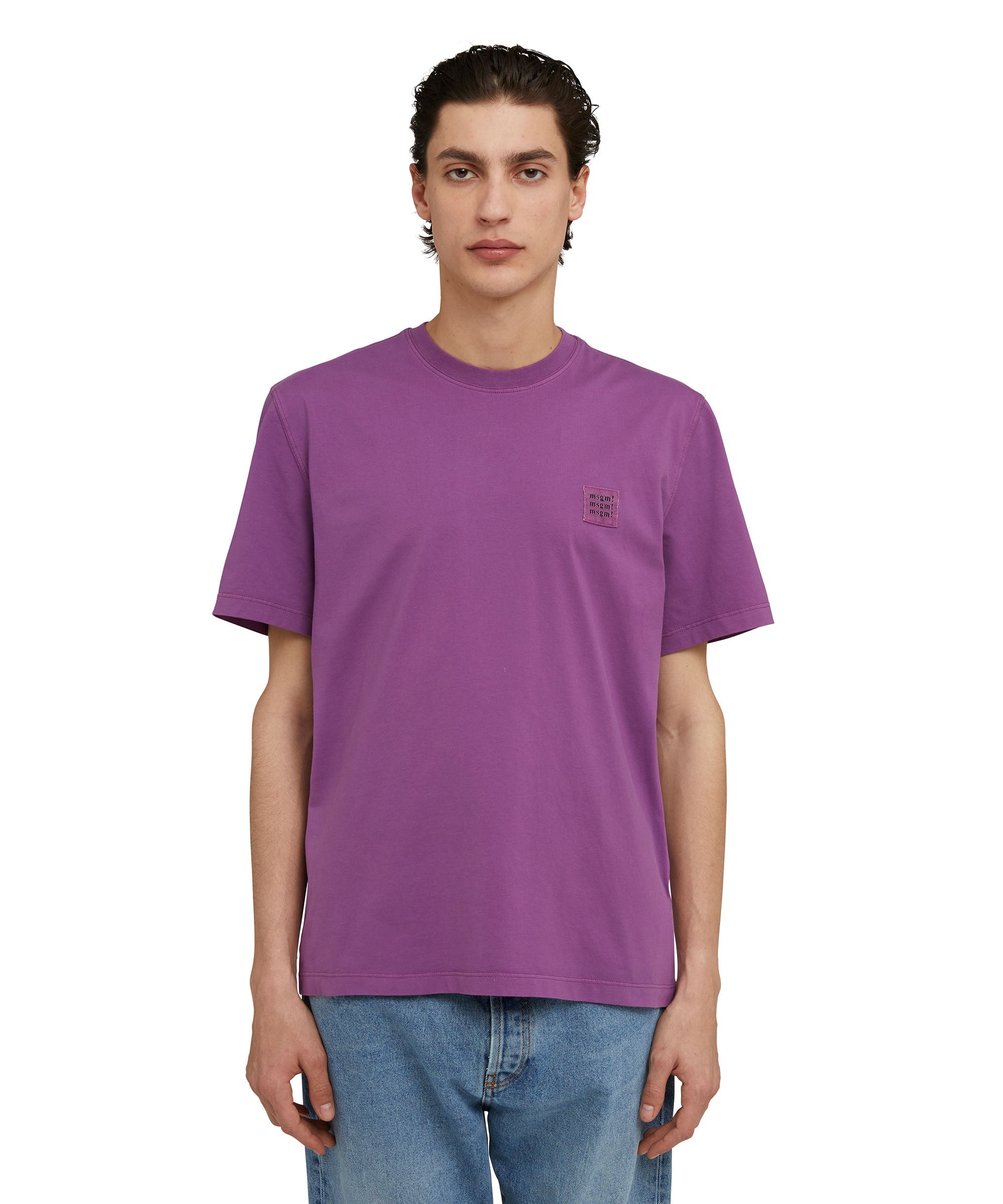 Solid color cotton crewneck t-shirt with label with logo - 2