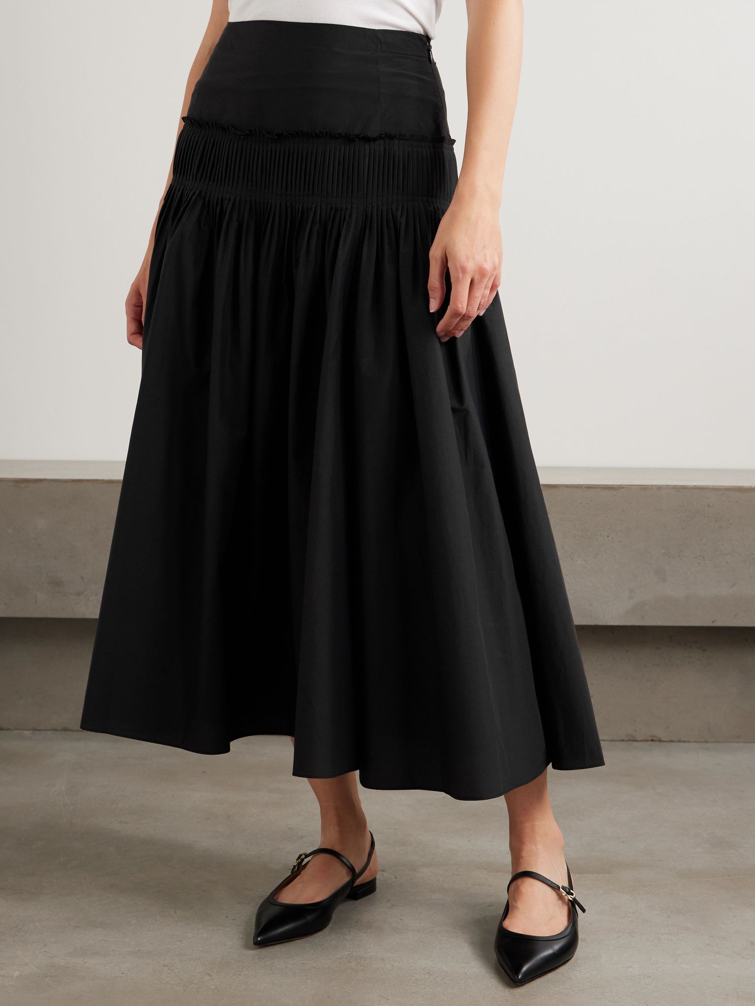 Pintucked pleated cotton-blend poplin maxi skirt Black - 3