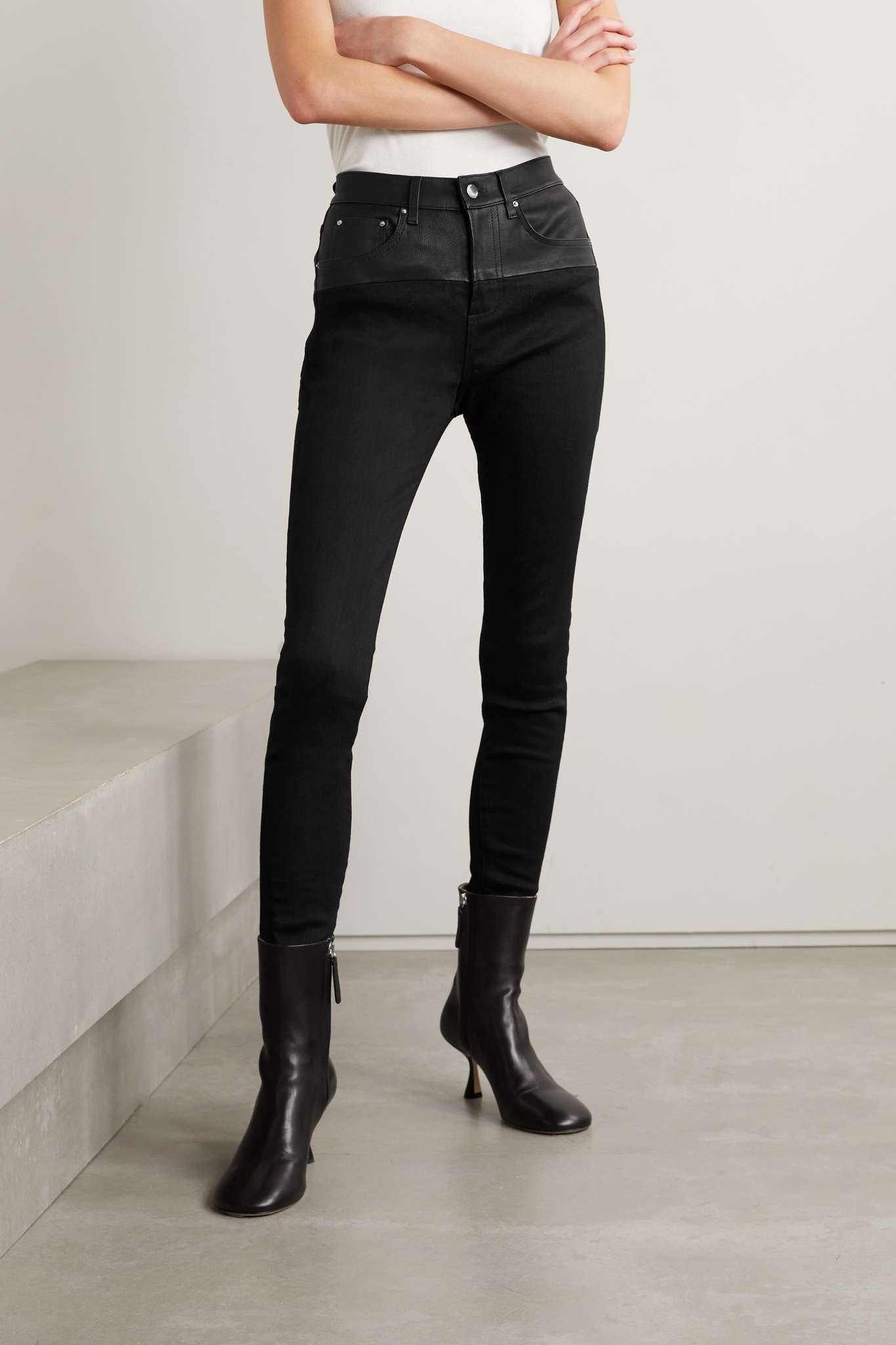 Leather-paneled high-rise skinny jeans - 3