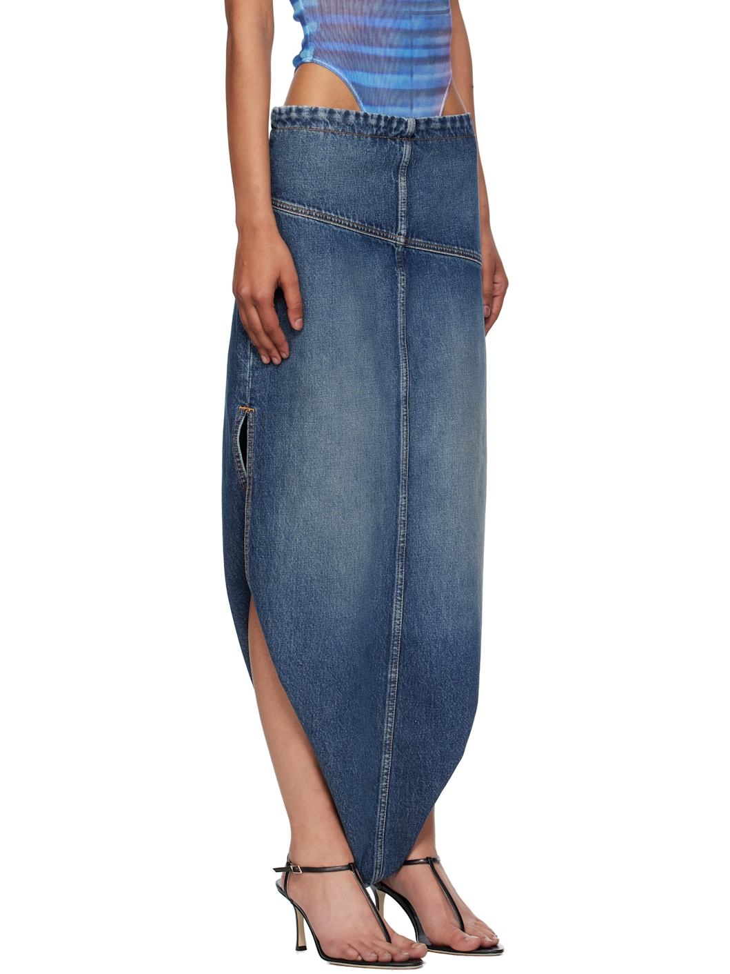 Blue Internal Belt & Zipped Opening Denim Maxi Skirt - 2