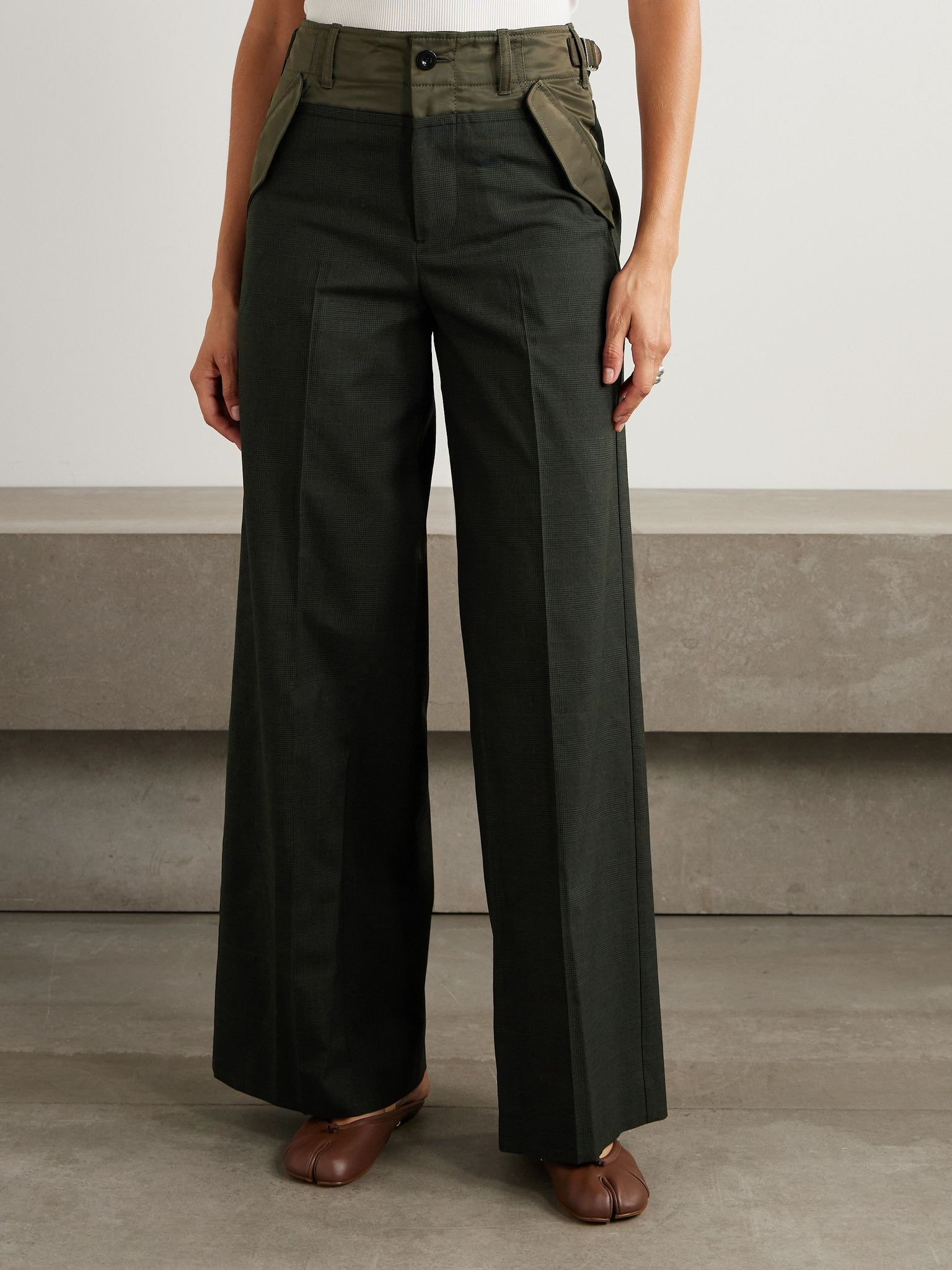 Glen shell-trimmed wide-leg wool pants Army green - 3