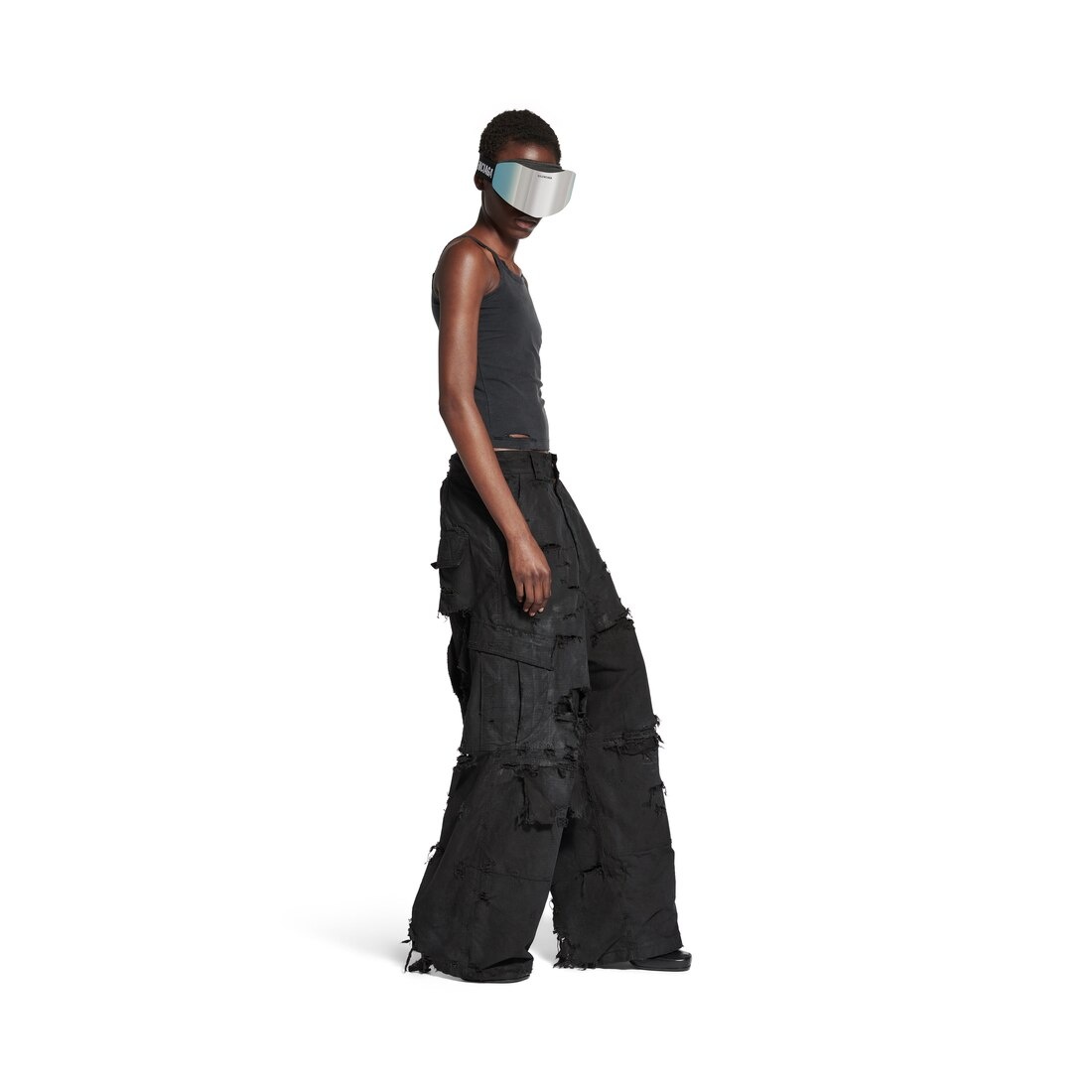 Men's Distressed Large Cargo Pants in Black - 5