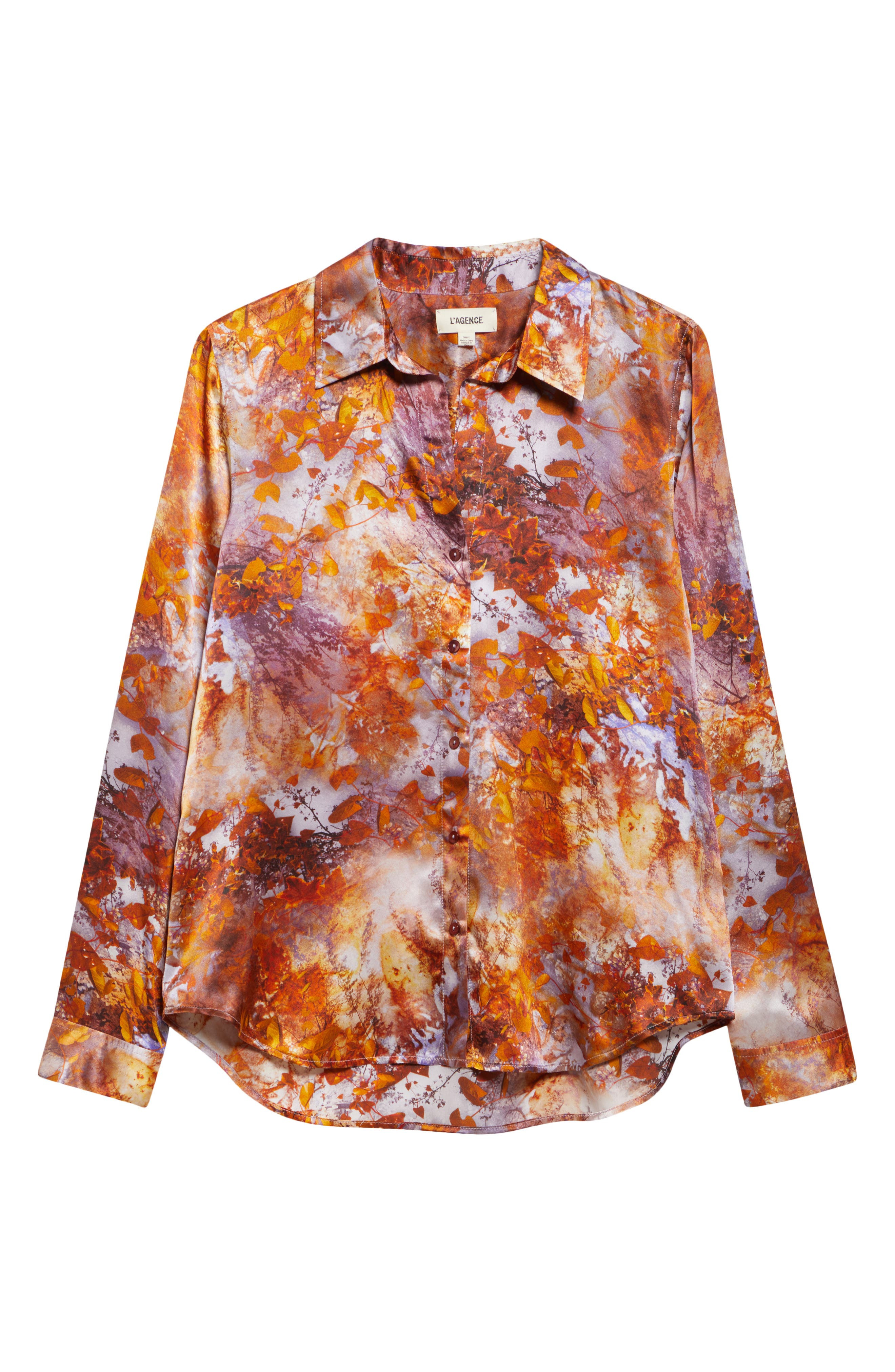 L'AGENCE Tyler Leaf Print Silk Button-Up Shirt in Mauve Multi Autumn Leaves at Nordstrom - 6