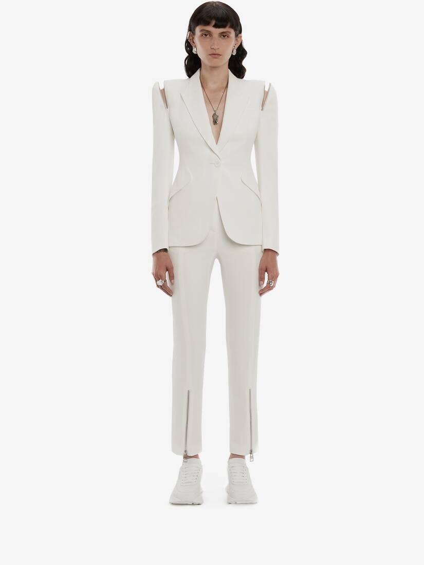 Zip Peak Shoulder Leaf Crepe Jacket in Ivory - 2