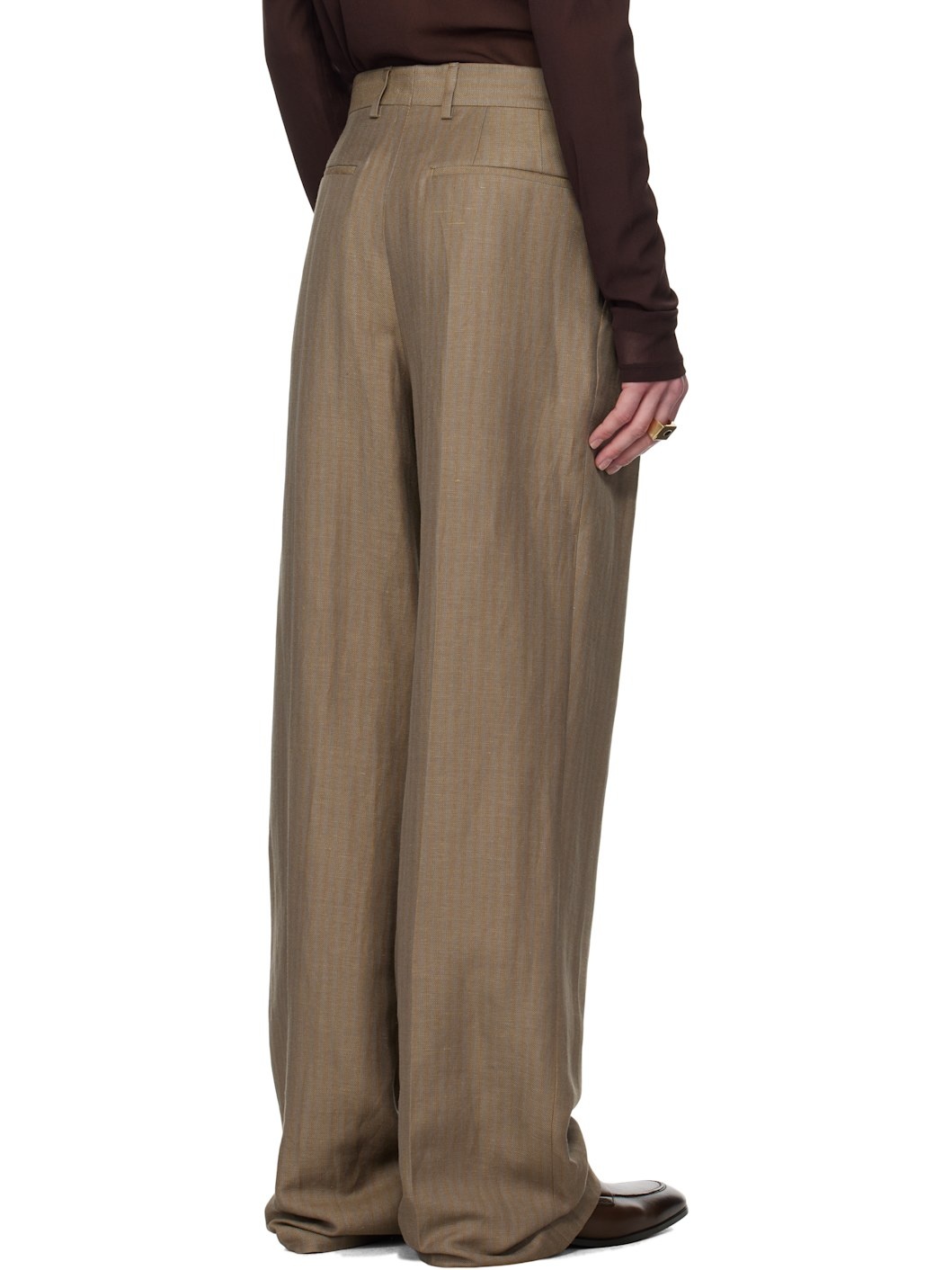 Beige Linen Straight Trousers - 3