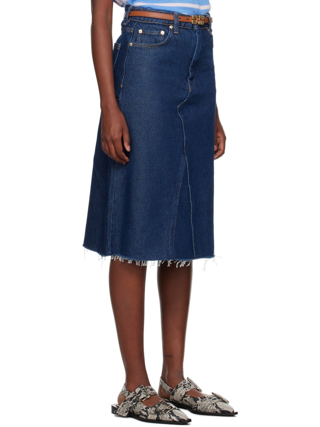 Indigo Raw Edge Denim Midi Skirt - 2