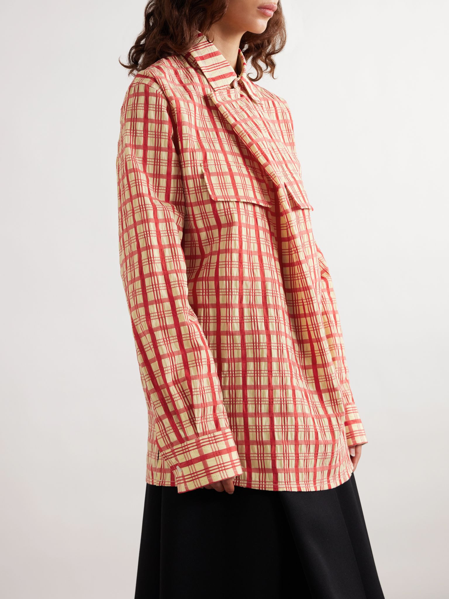 Draped checked cotton-seersucker blouse Red - 3