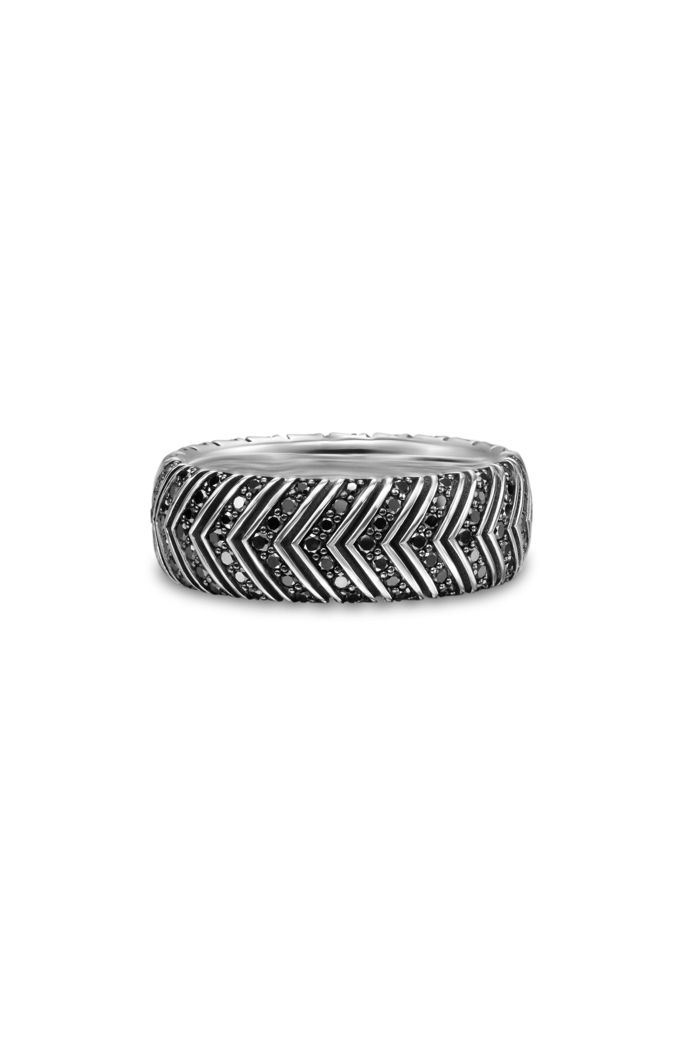 David Yurman Men's Chevron Band Ring in Sterling Silver with Black Diamonds, 8mm in Silver Pave at N - 1