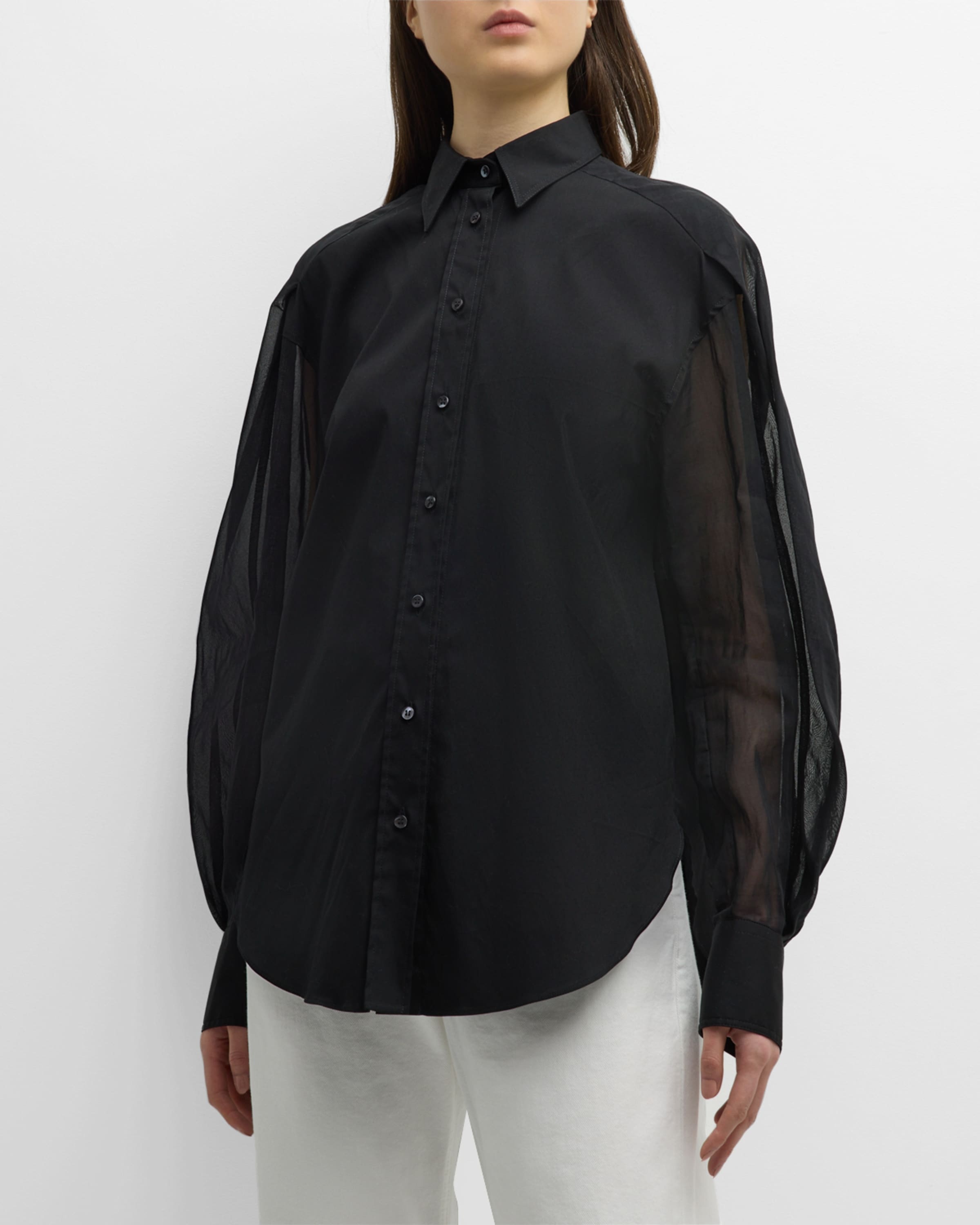 Crispy Organza-Sleeve Cotton Poplin Collared Blouse - 2