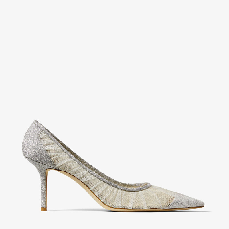 Love 65 Metallic Silver Glitter Fabric Pumps with Ivory Tulle Overlay 1
