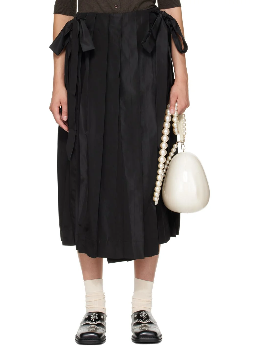 Black Pleated Sheer Panel Wrap Midi Skirt - 1